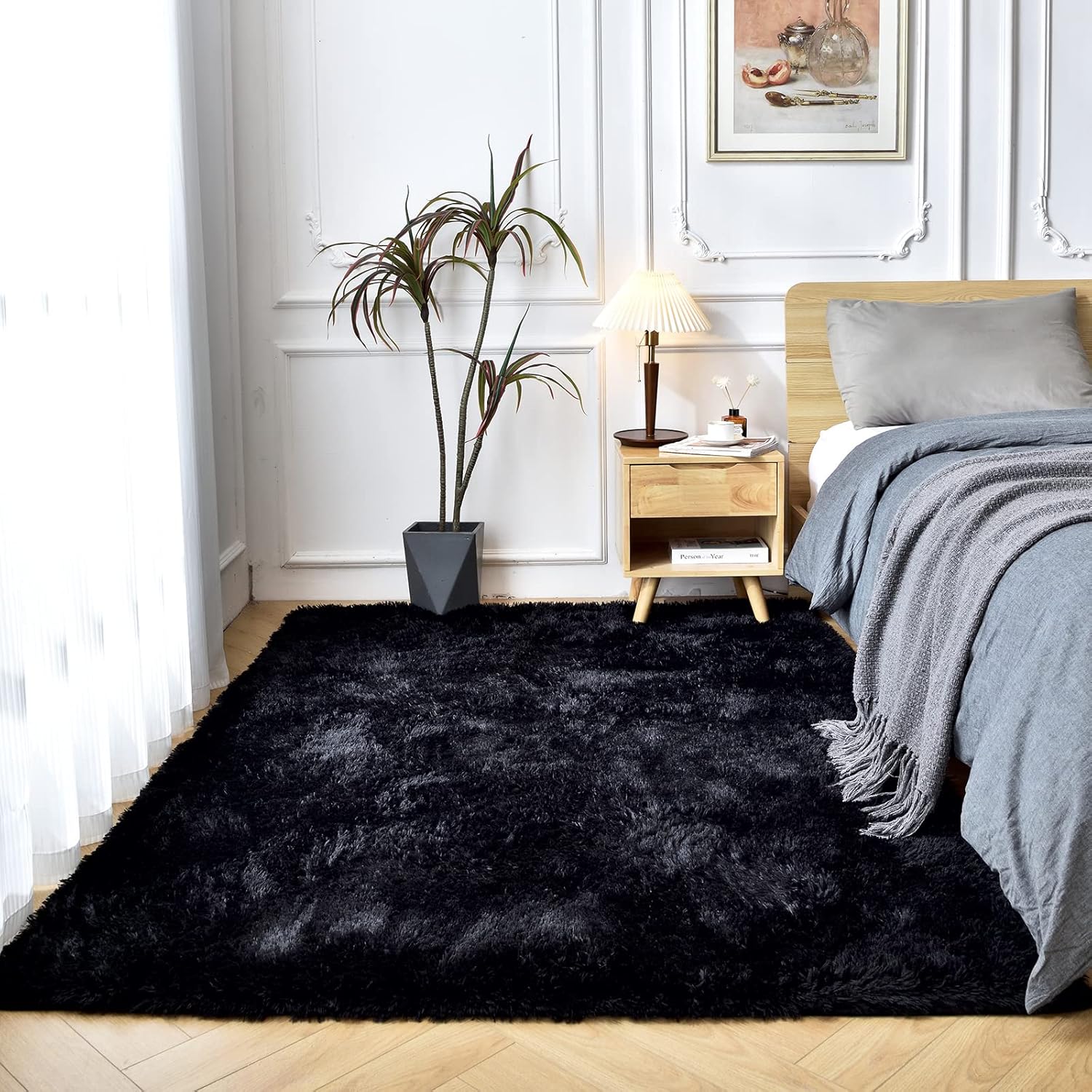 Temedara Alfombra negra de 5 x 7 pulgadas, alfombra de piel sintética esponjosa para dormitorio, sala de estar, alfombra de interior suave de felpa