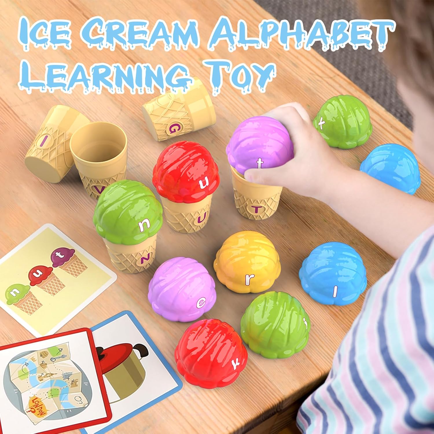 Juguetes de aprendizaje de helado del alfabeto, clasificación de color del alfabeto ABC, juguetes Montessori de cognición fónica para niños