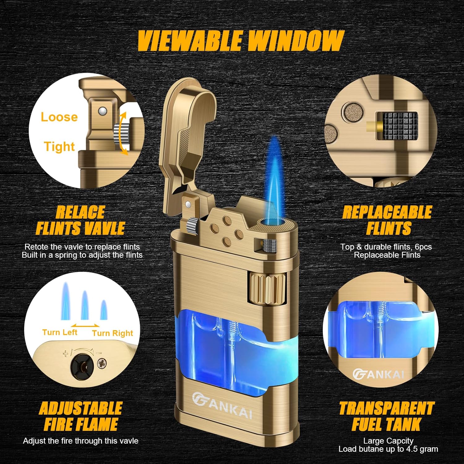 FANKAI – Encendedor de butano con luz LED, encendedor de butano de un solo chorro con 6 pedernales reemplazables, encendedores fríos recargables con