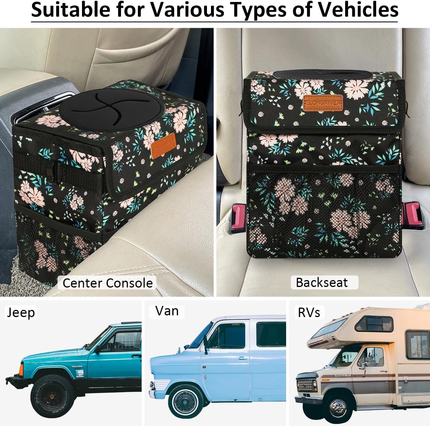 ELONGRIVER Cubo de basura para el asiento trasero del automóvil, a prueba de fugas, bonita bolsa de basura para automóvil, cubo de basura para
