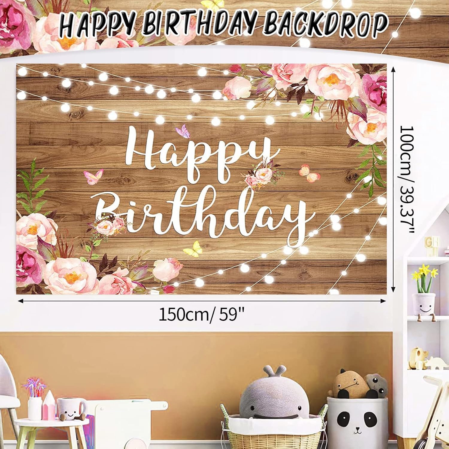 Decoraciones florales de feliz cumpleaños para mujer, 105 piezas de suministros de fiesta de cumpleaños de flores de madera, incluyendo telón de