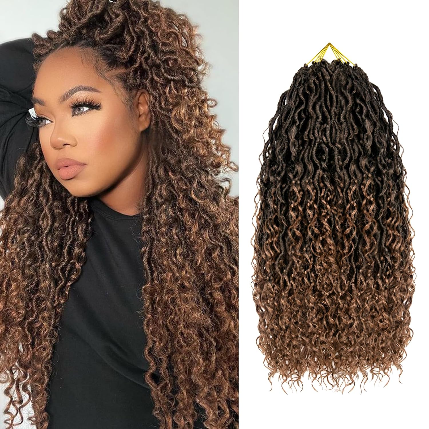 Goddess Locs – Cabello de ganchillo para mujer, 18 pulgadas, rastas río preloopd con extremos rizados, cabello sintético negro, extensiones de