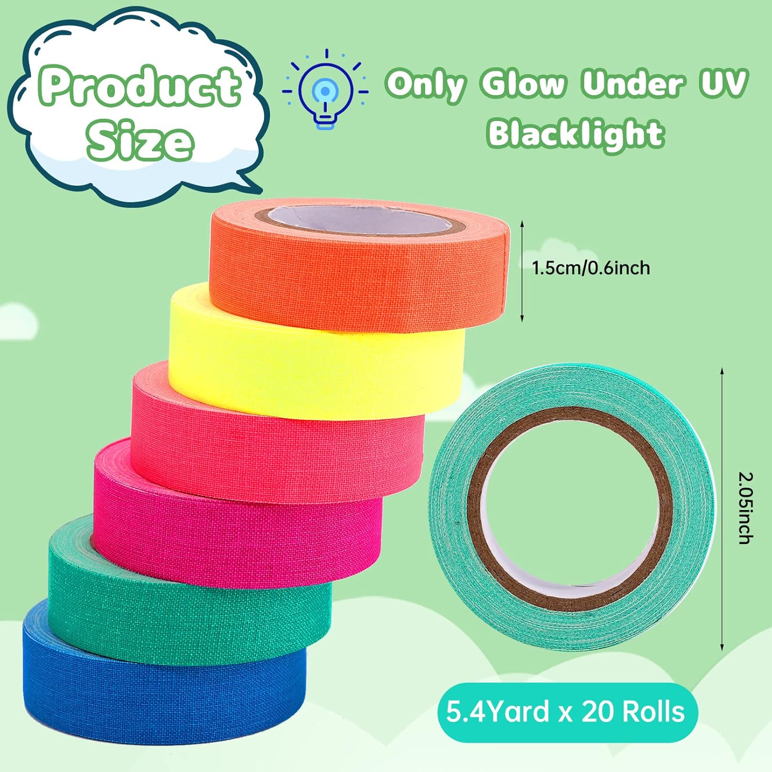 6 rollos de cinta de tela Gaffer de neón, 6 colores de cinta reactiva con luz negra UV, fluorescente UV que brilla en la oscuridad, cinta adhesiva