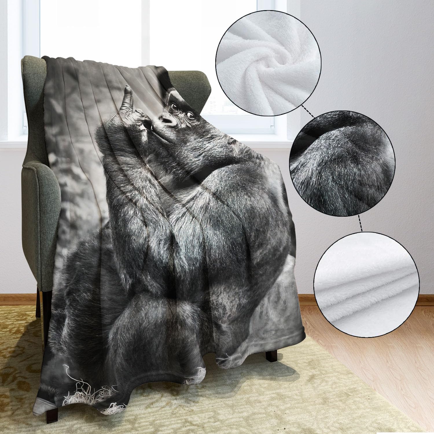 Gorilla – Manta de forro polar de orangután con diseño de animales divertidos para sofá y cama, 60 x 80 pulgadas