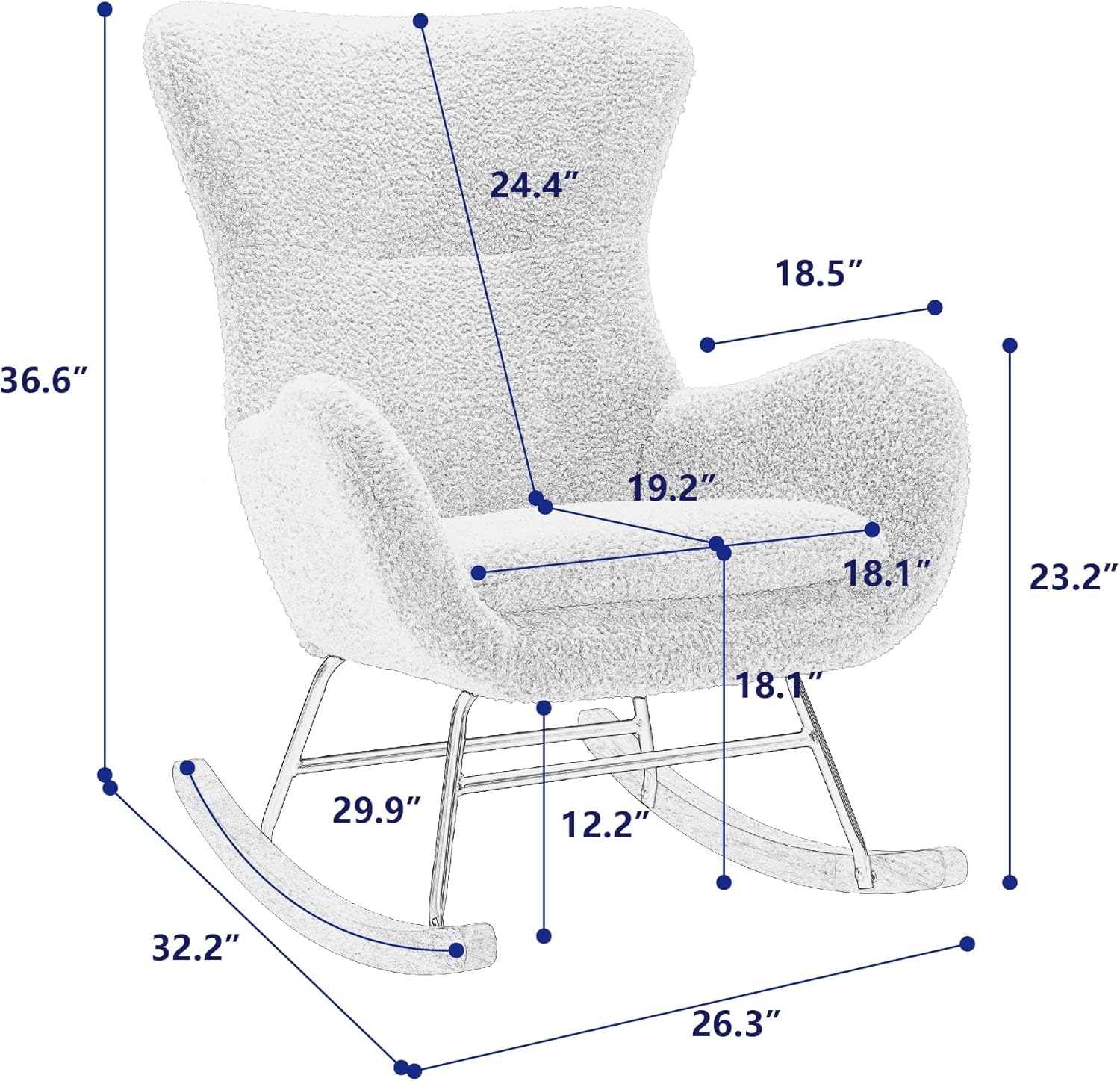 Silla mecedora de tela de peluche, asiento acolchado con respaldo alto y reposabrazos, sillón acogedor, sofá individual, mecedora para sala de