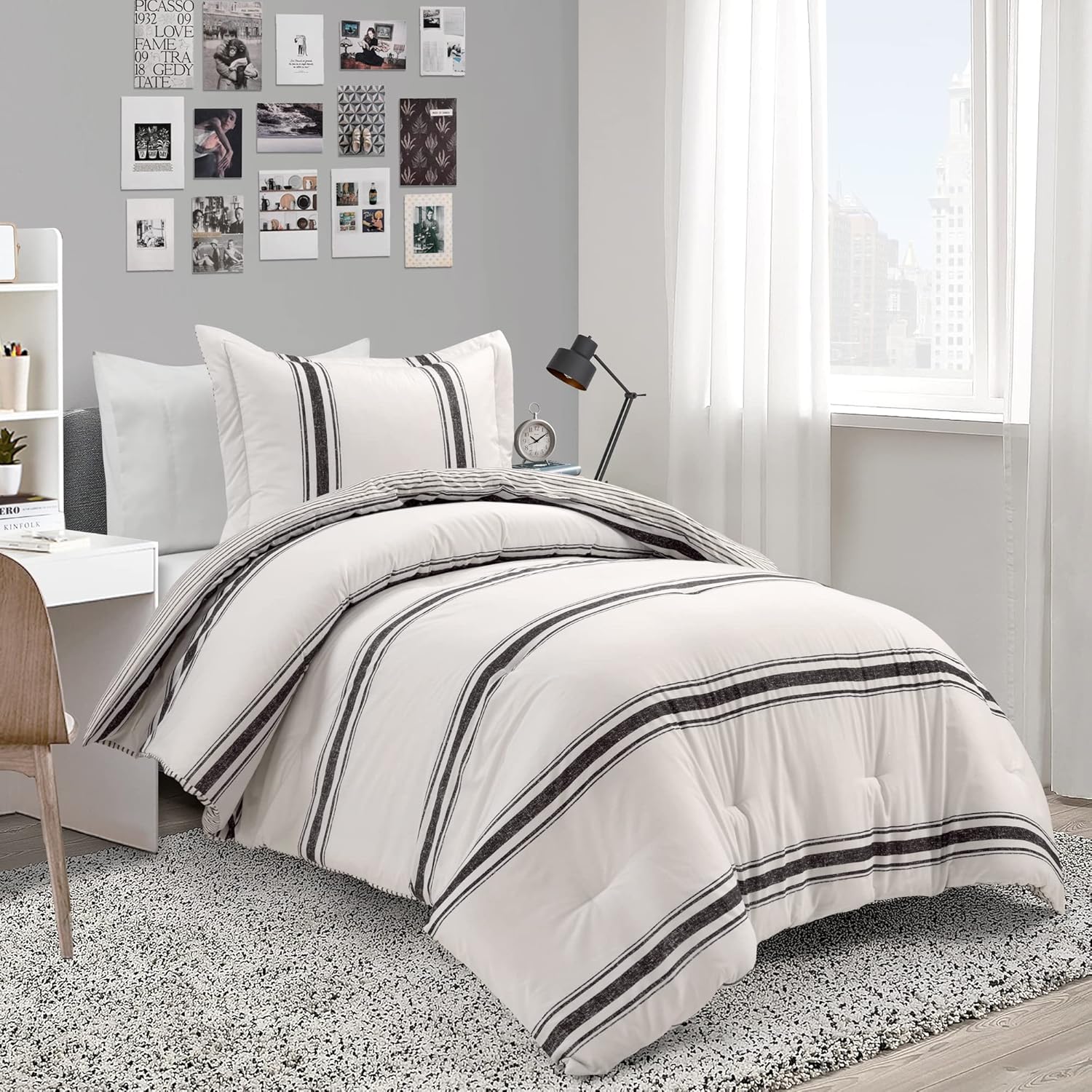 Lush Decor Juego de edredón reversible de algodón a rayas, juego de 2 piezas, individual XL, negro, juego de ropa de cama individual, decoración de