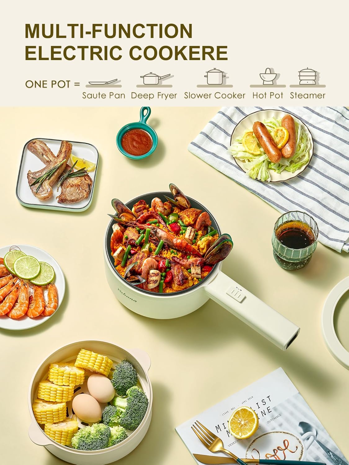 Yabano Olla eléctrica, olla eléctrica antiadherente de 850 W con vaporizador, olla de fideos de 1.6 litros con control de potencia doble, olla