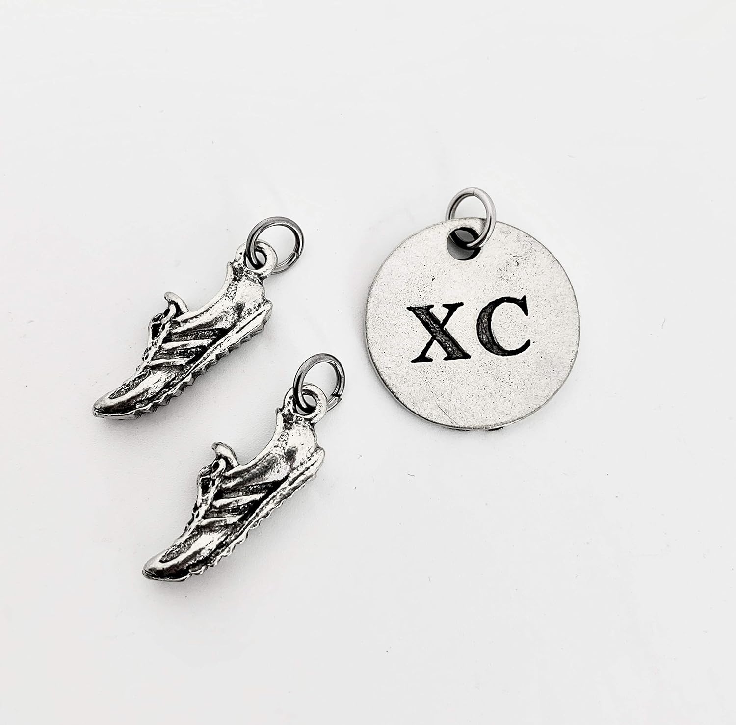 Running SHOE XC Round Pewter Charm Set – Pair of Running Shoe Charms – TWO (2) Pewter Running Shoe Charms and 1 Round Pewter XC Pendant in Organza
