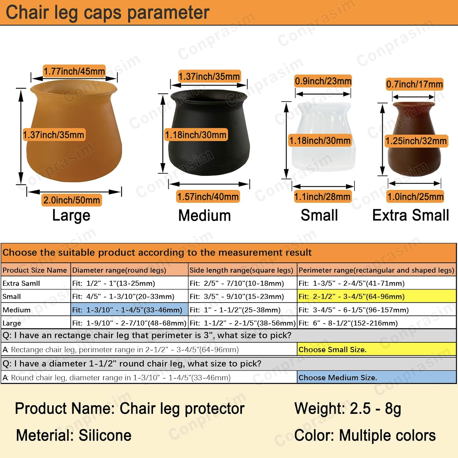 Protectores de suelo de silicona extra pequeños para patas de silla, para muebles de 0.5 a 1 pulgada, fundas antideslizantes para patas de silla,