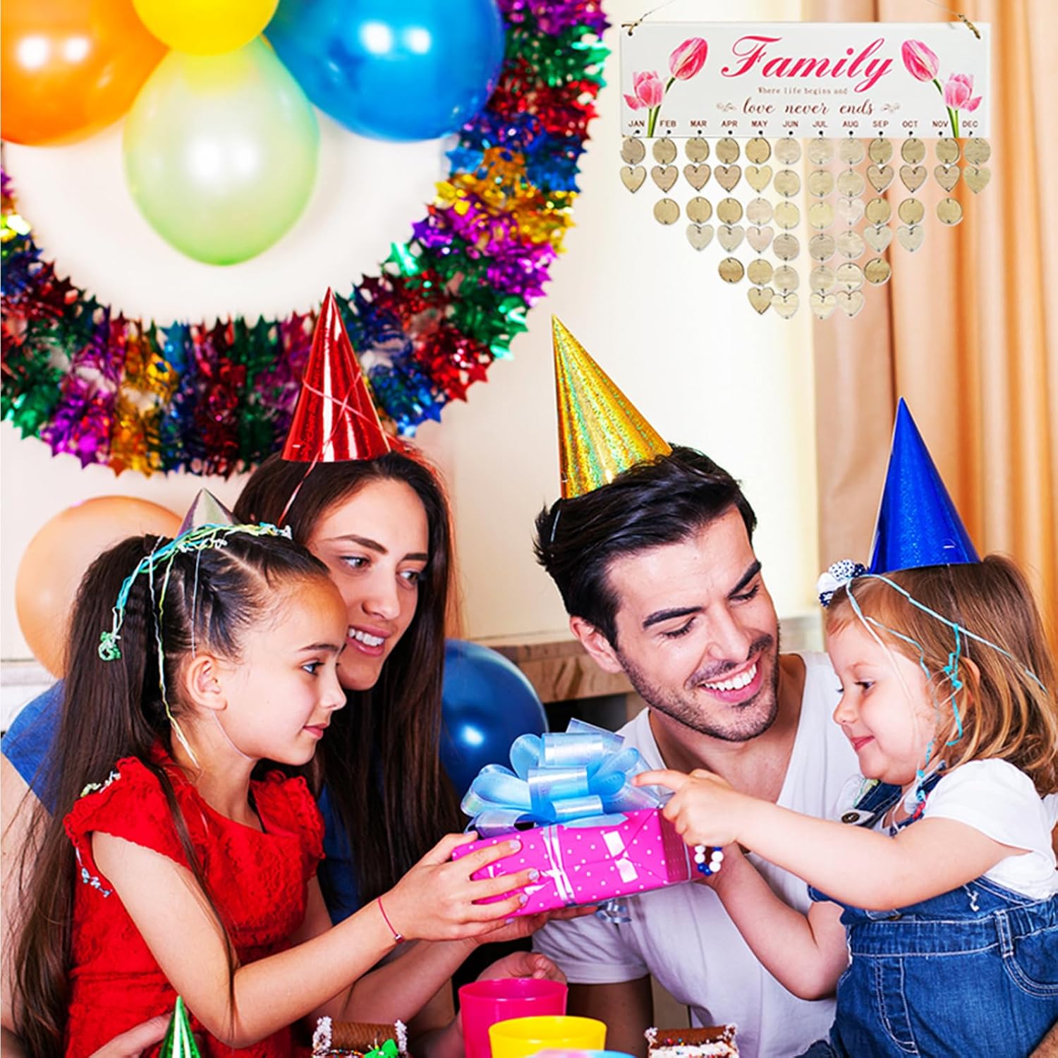 JARBEIYYE Calendario de cumpleaños familiar para colgar en la pared con 100 etiquetas (15.75 x 4.72 pulgadas), regalo perfecto de cumpleaños