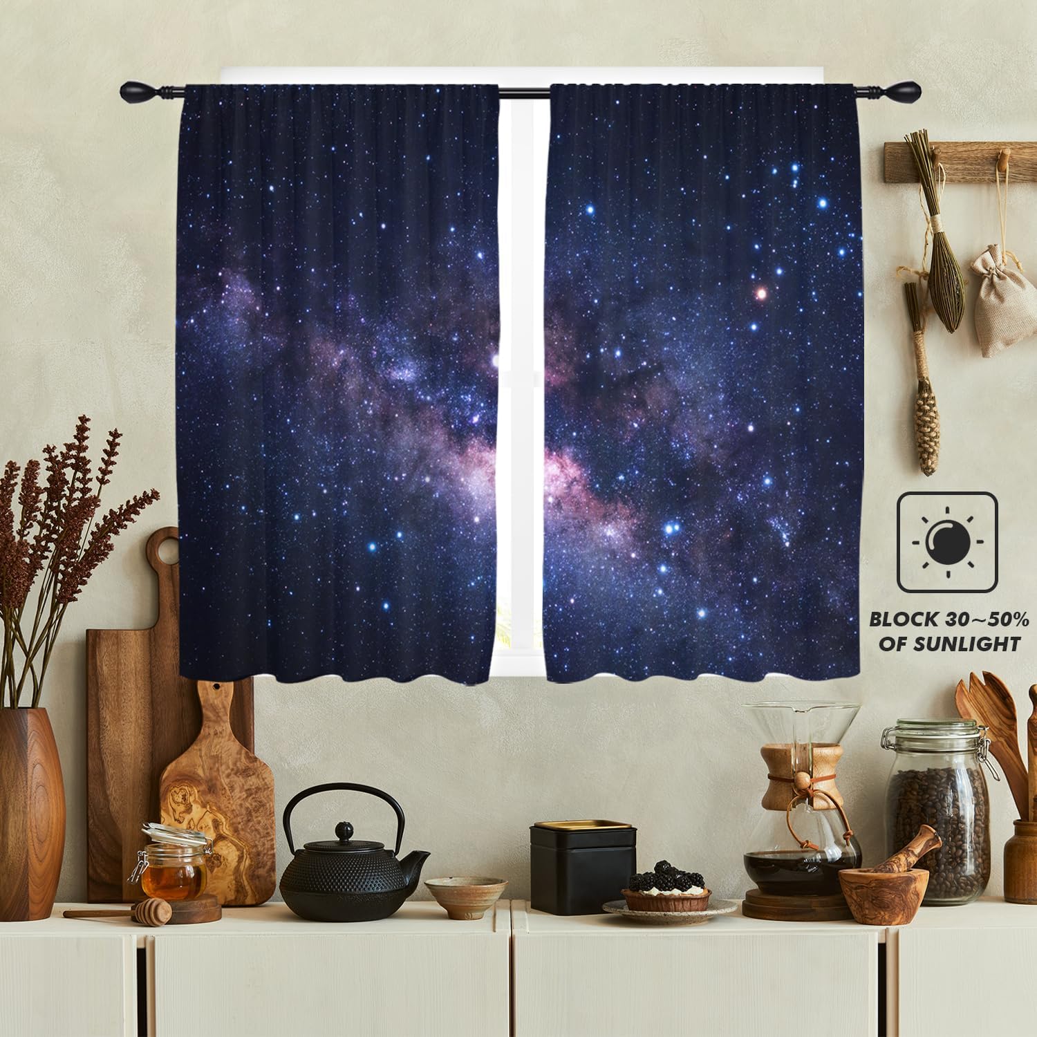 Cortinas de cocina con diseño de galaxia de 27.5 pulgadas de ancho x 39 pulgadas de largo, pequeñas noches estrelladas, espacio exterior, universo