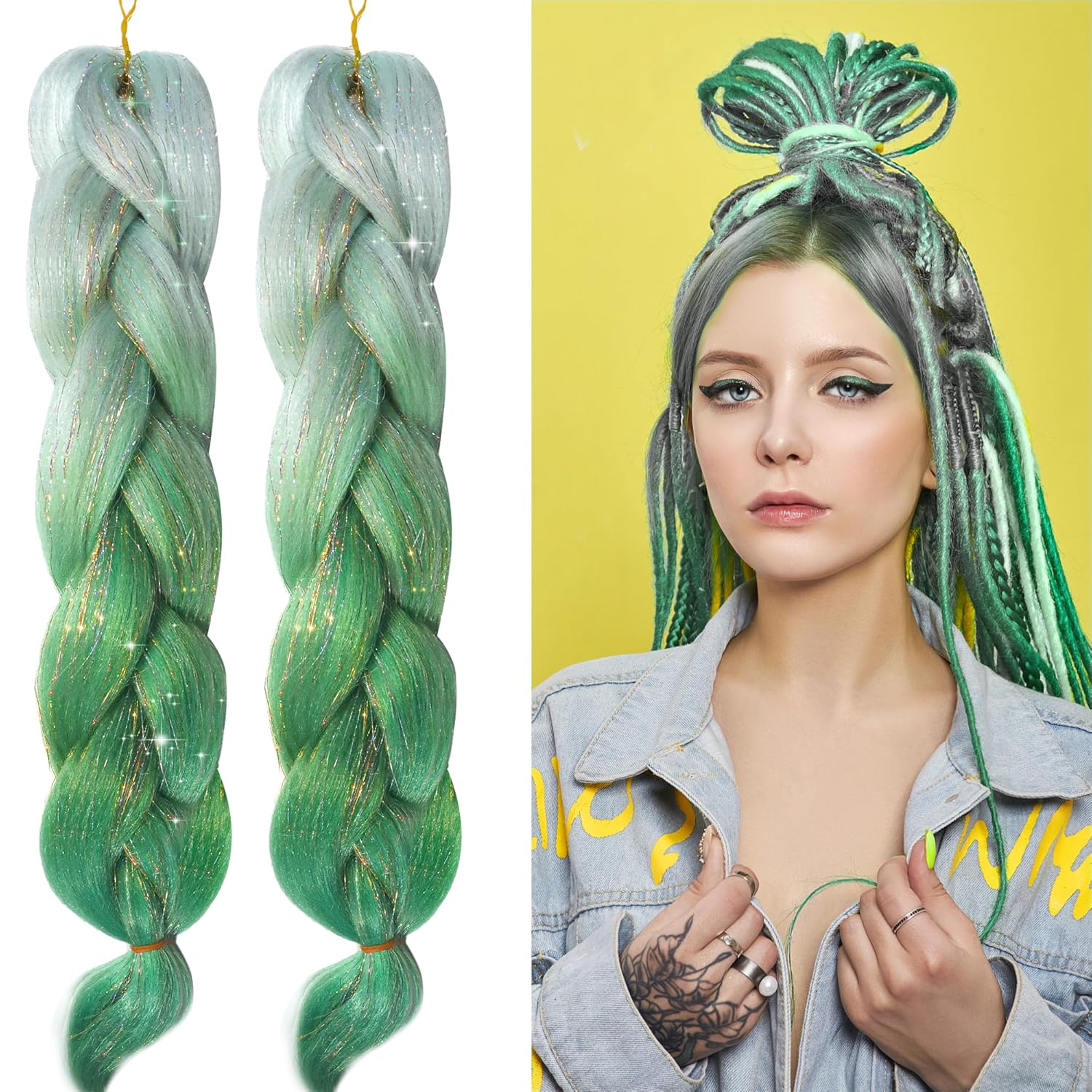 2 extensiones de cabello para trenzas, cabello trenzado ombré, extensión de cabello de oropel brillante, cabello trenzado de 24 pulgadas,