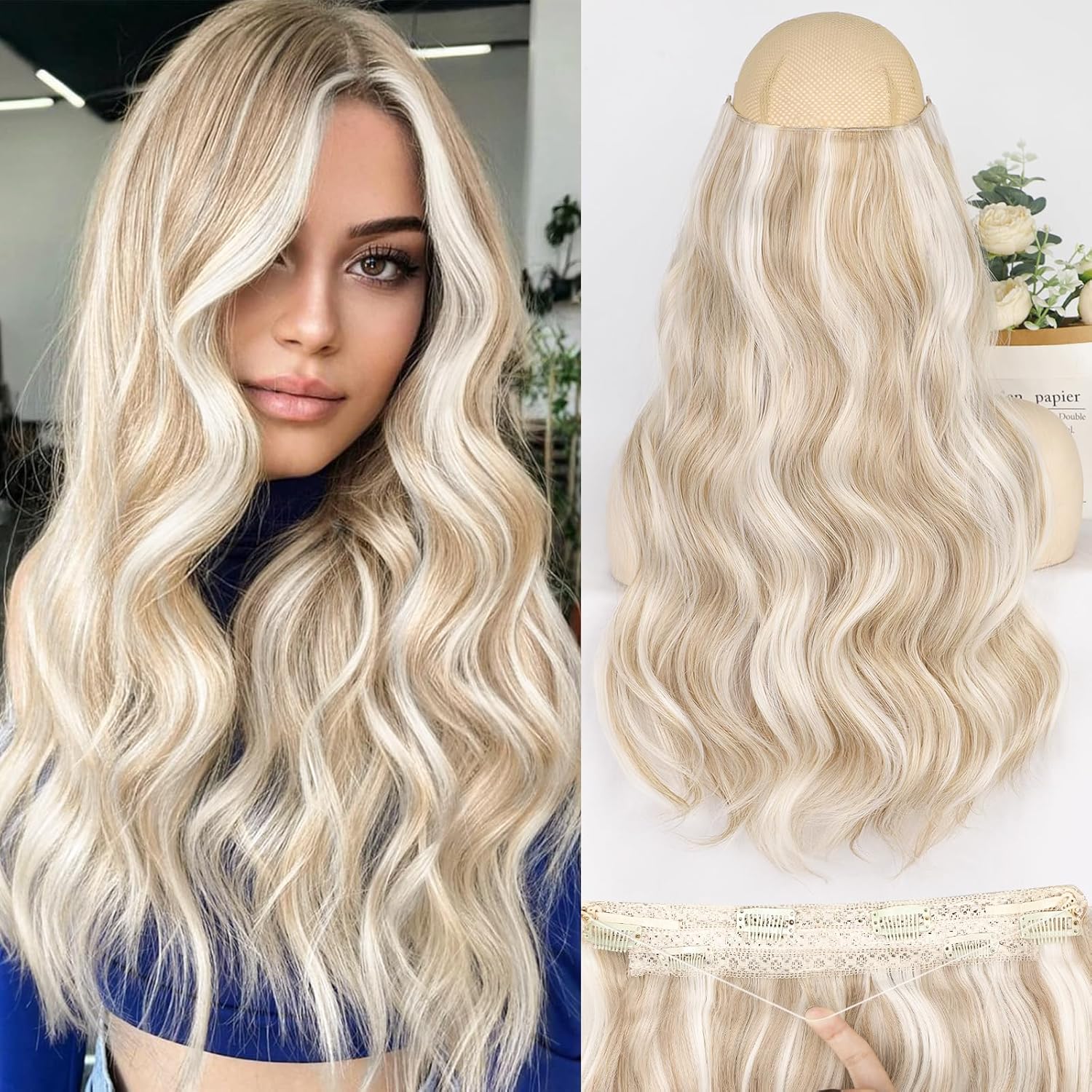 ALXNAN Extensiones de cabello con alambre invisible con alambre transparente, tamaño ajustable, 4 clips seguros, extensiones de cabello largo