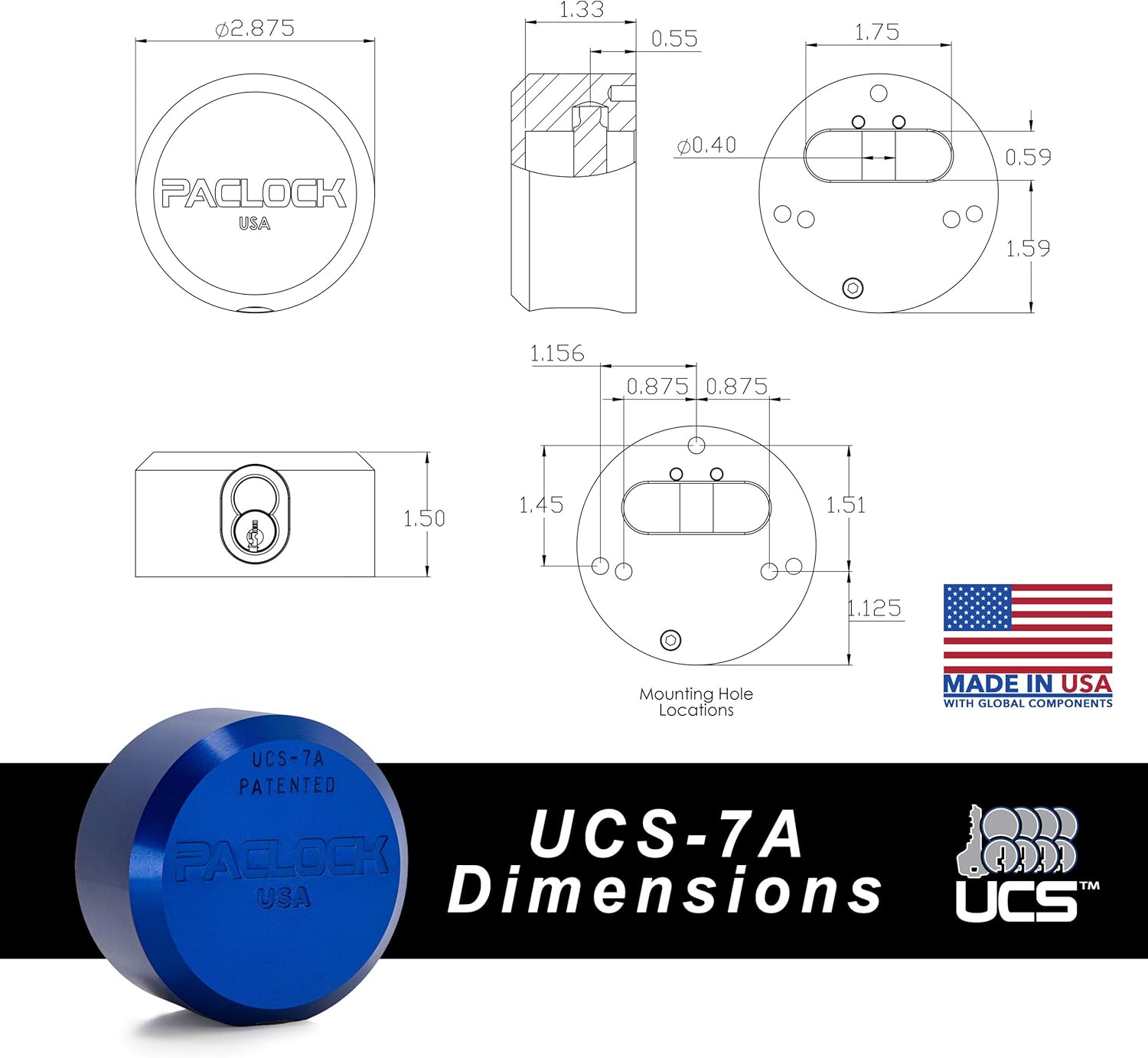 PACLOCK  Candado UCS 7A  Disco trasero plano con agujeros roscados  Aluminio anodizado  Cilindro de 6 pines  Una cerradura con llave a un número