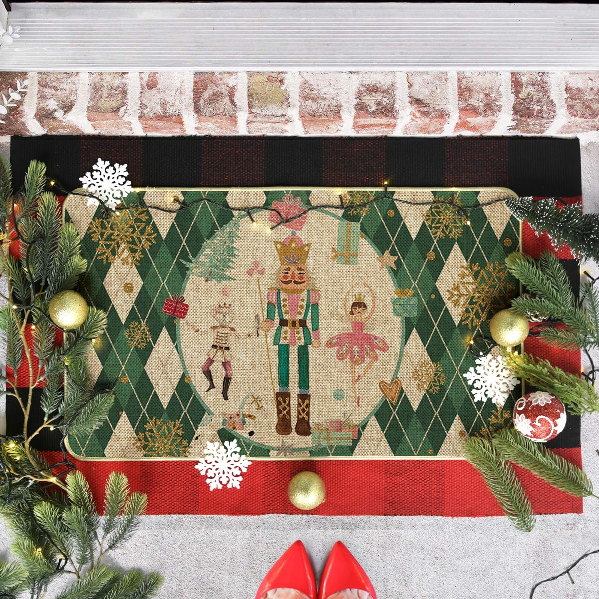 Artoid Mode Felpudo de Navidad con diseño de cascanueces de diamantes verdes, decoración del hogar, tapete de bajo perfil para puerta, 17 x 29