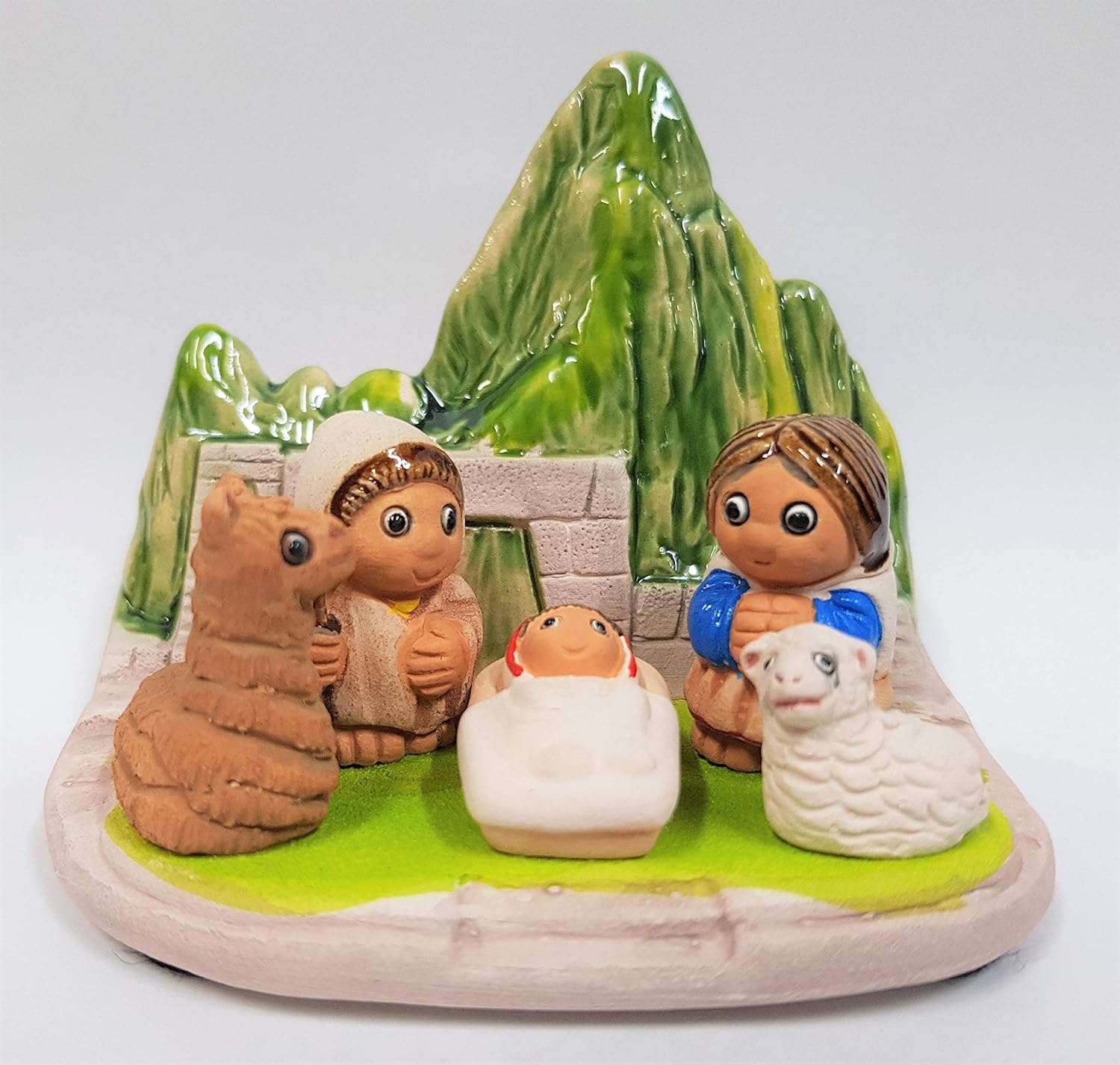 Machu Picchu Nativity Scene – Handmade in Clay – 1 block – 3.15″X2.15″X3.15″ high, Peru, Ruins, Incas, Andes, Llama, Sheep, Peruvian