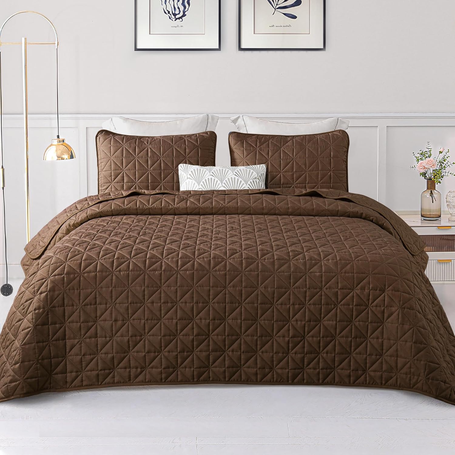 Exclusivo Mezcla Juego de ropa de cama tamaño King con patrón de cuadrícula cosida, cubrecama ligero de verano marrón para todas las estaciones (1