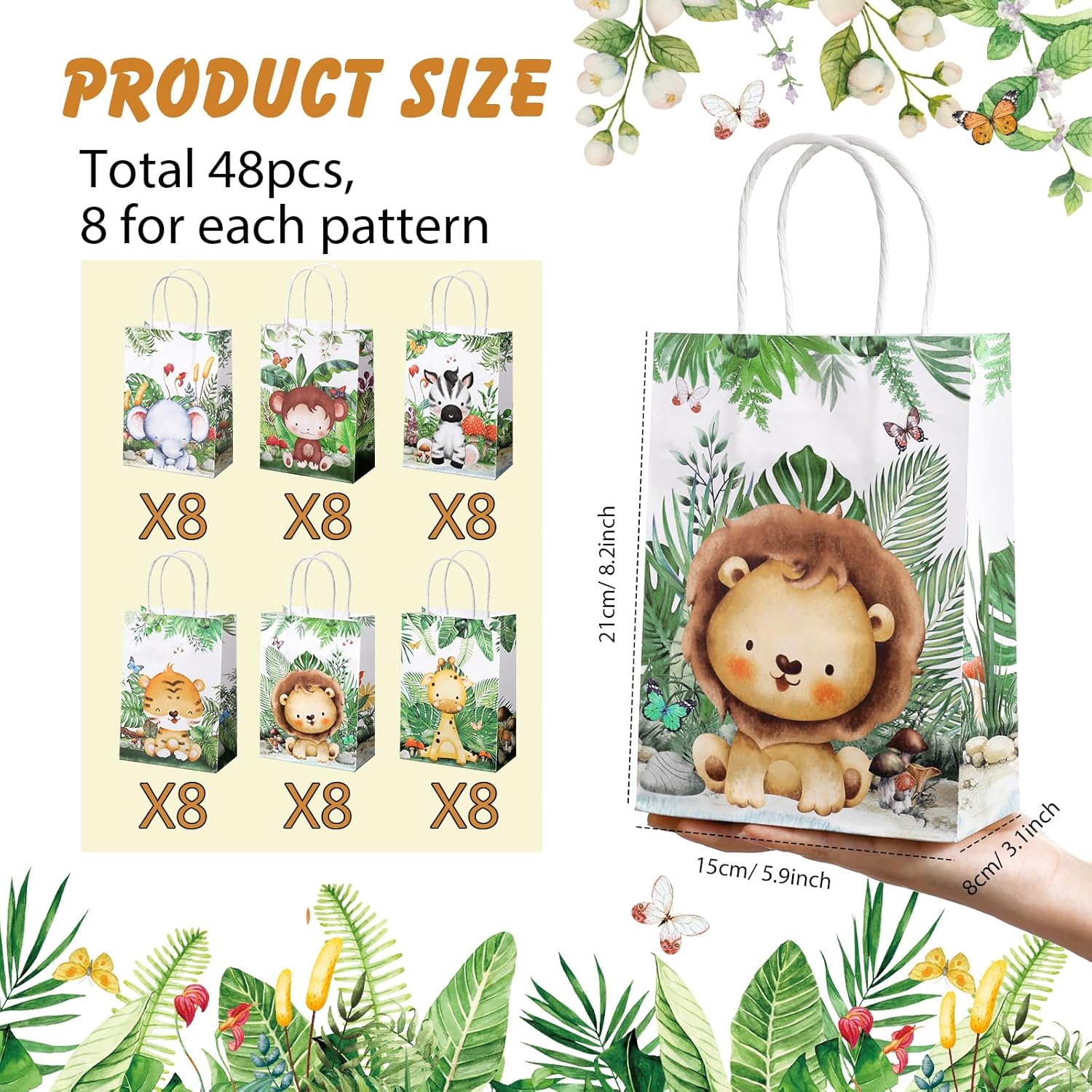 TaoBary Bolsas de regalo de animales con asas, león, tigre, elefante, mono, jirafa, bolsas de regalo para niños, fiesta temática de safari,