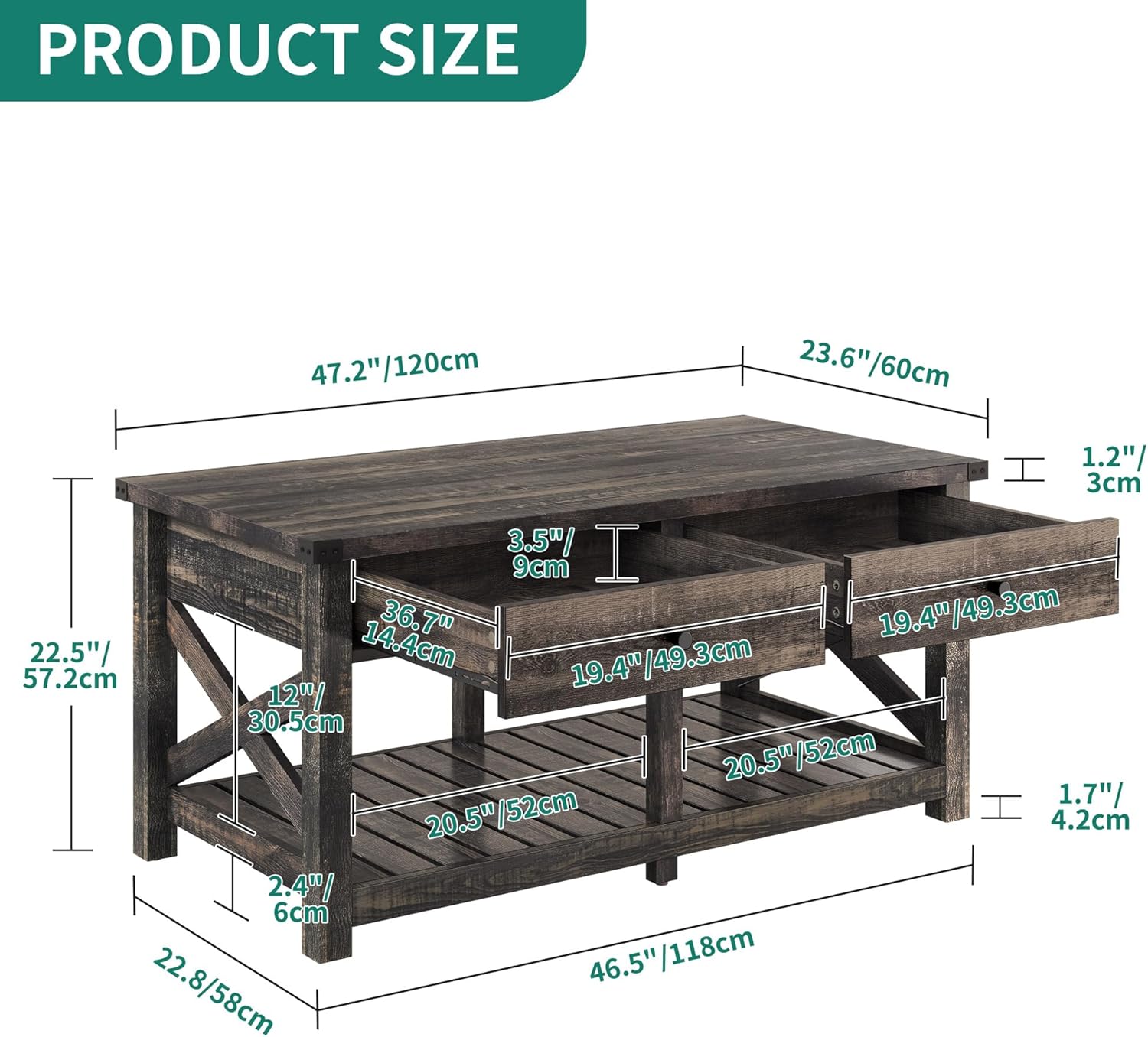 YITAHOME Mesas de centro para sala de estar, mesa de centro de granja con almacenamiento, mesa de cóctel rústica de madera con 2 gabinetes, mesa
