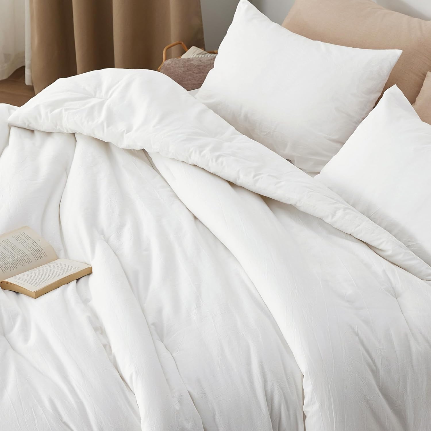 Bedsure Juego de edredón King  Tela de algodón con relleno interior de microfibra, edredón blanco tamaño King para todas las estaciones, 3 piezas, 1
