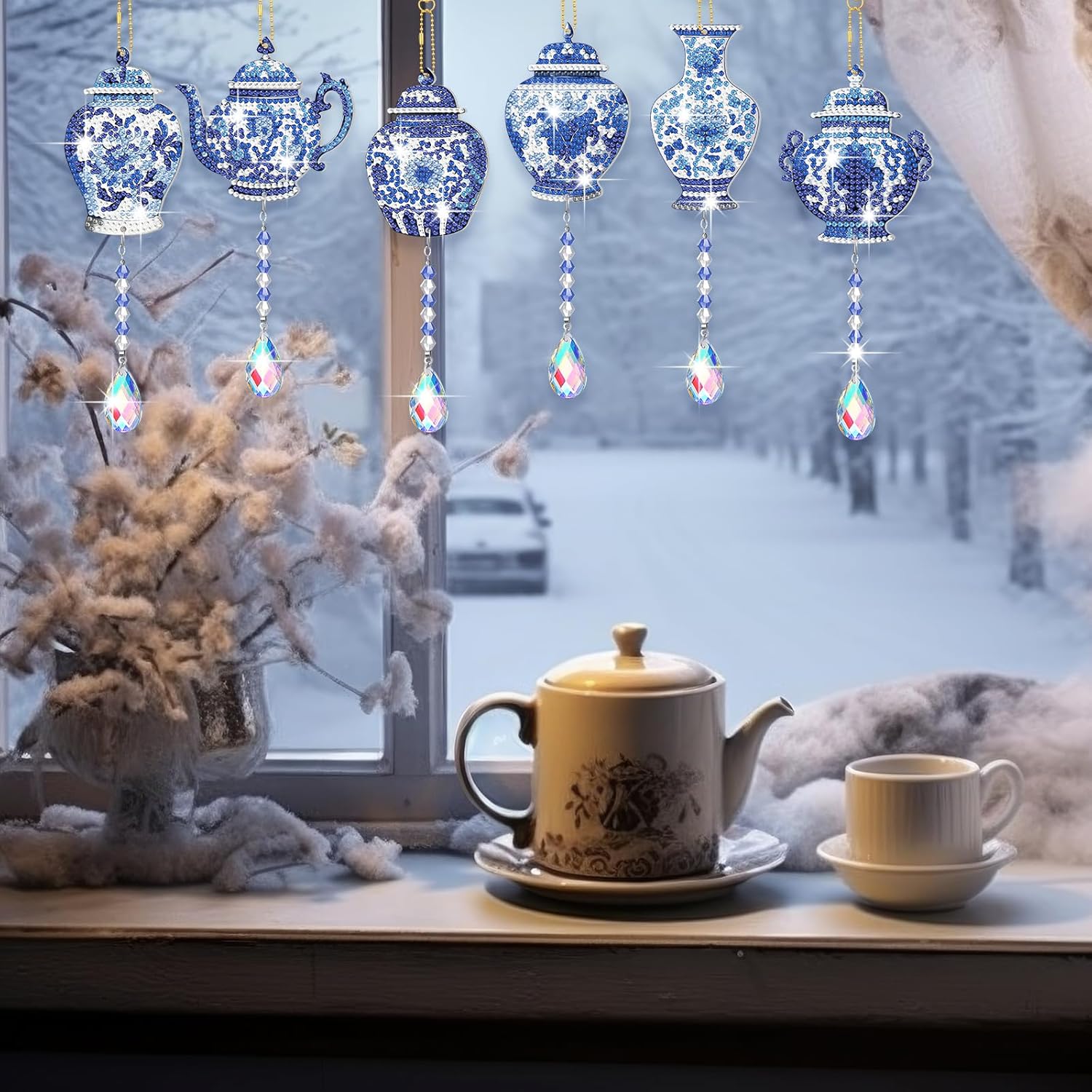 Juego de 6 campanillas de viento de cristal de viento con diseño de diamante 5D con diseño de porcelana, adornos de porcelana azul y blanca de doble