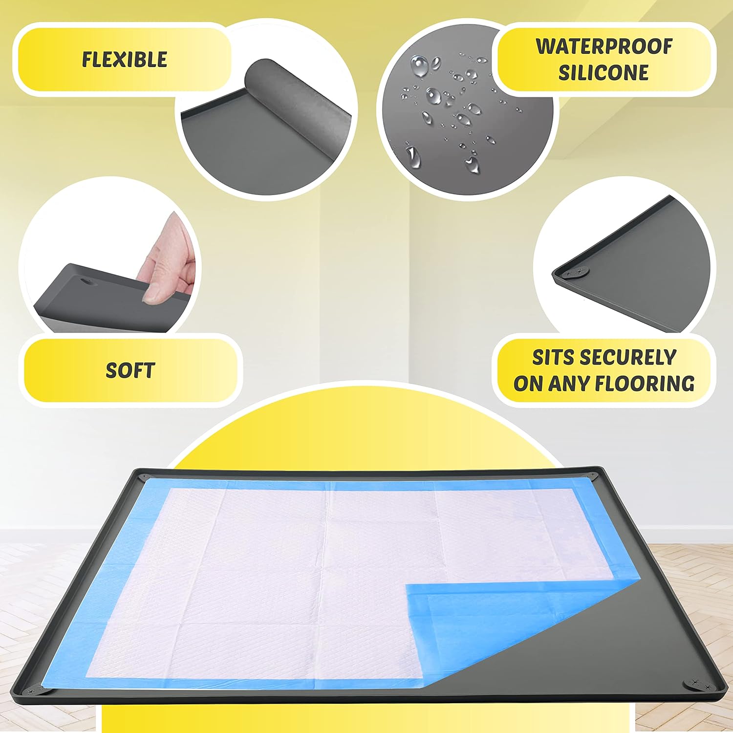 Skywin Bandeja para almohadillas para cachorros de 30 x 23 pulgadas (gris) + 30 x 36 pulgadas (gris)  Silicona, soporte para almohadilla de orina