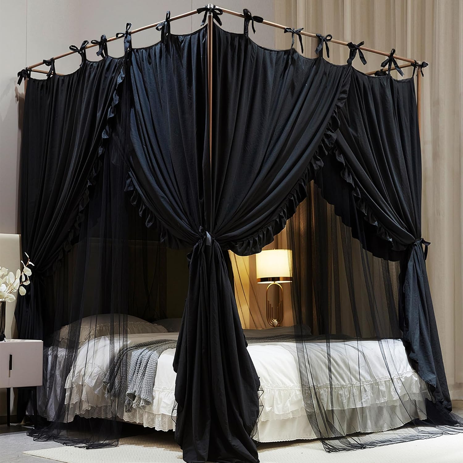 Cortina de princesa de 4 esquinas, toldo de cama de doble capa, acogedora mosquitera de malla y tela para niñas y adultos, decoración de dormitorio