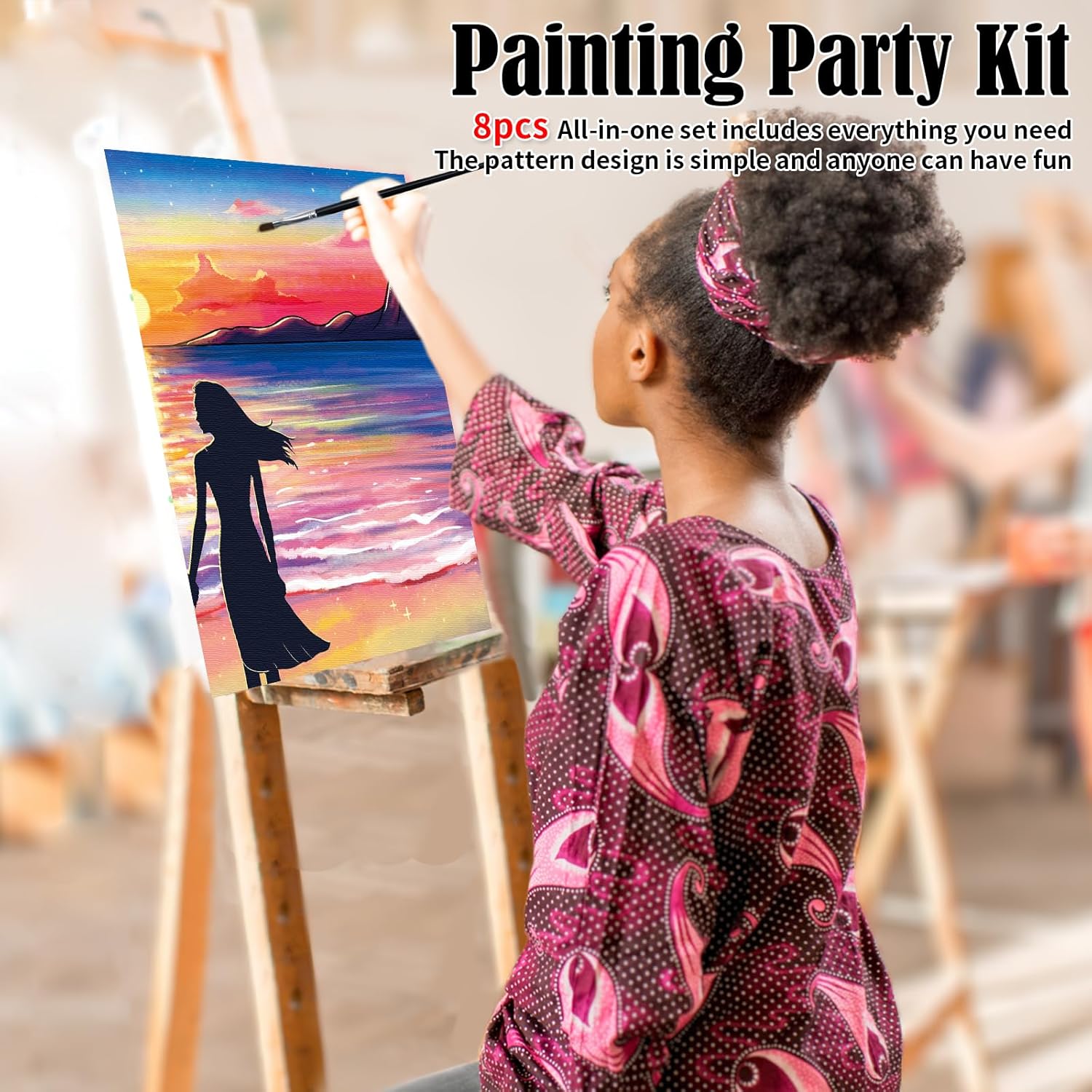 VOCHIC 8 piezas de lienzos predibujados para pintar para adultos, kit de sorbo y pintura, suministros de fiesta, juego de pintura en lienzo, juegos