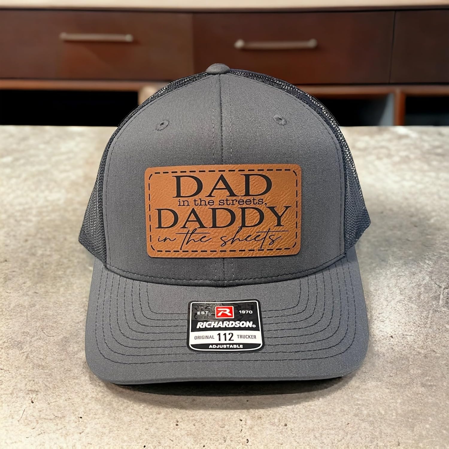 Dad In The Streets Daddy In The Sheets Hat Mens Funny Dad Baseball Cap (CharcoalBlk with Rawhide Patch)