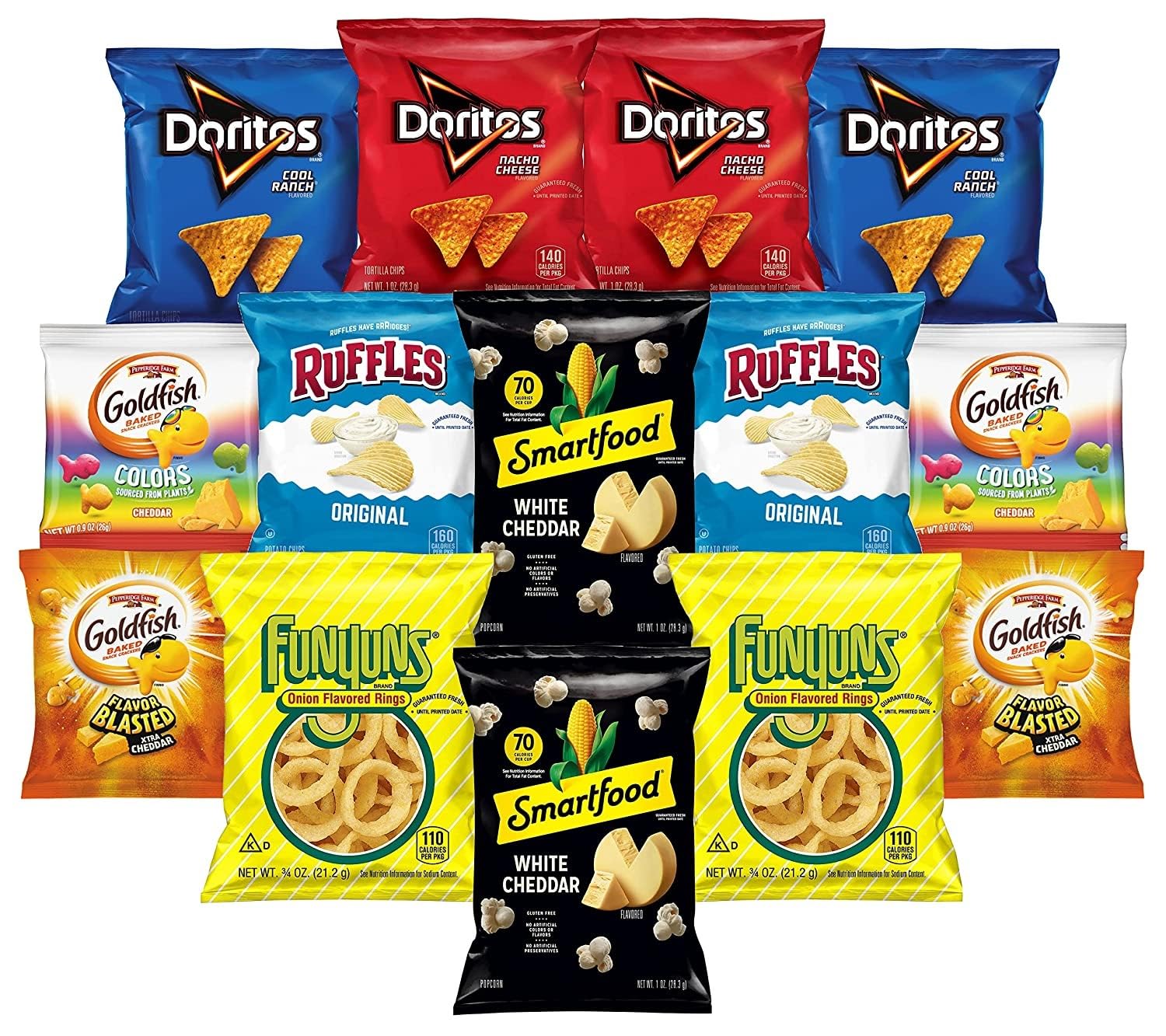 Hot Snacks – Papas fritas con volantes, doritos, Funyuns, Smartfood Popcorn & Goldfish sabores  Bolsas de tamaño individual  Clásico, Cheddar, Ranch