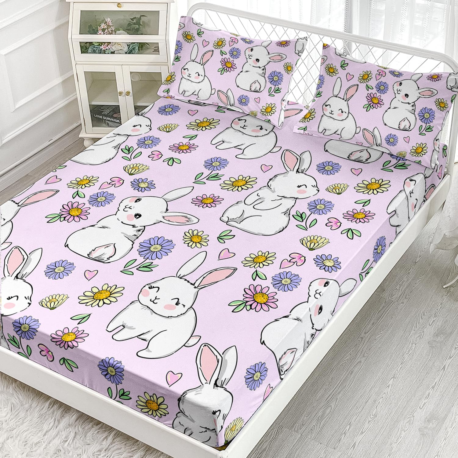 AILONEN Juego de sábanas bajeras de conejo tamaño individual, juego de sábanas Kawaii de conejo, juego de sábanas de conejo floral para niñas y