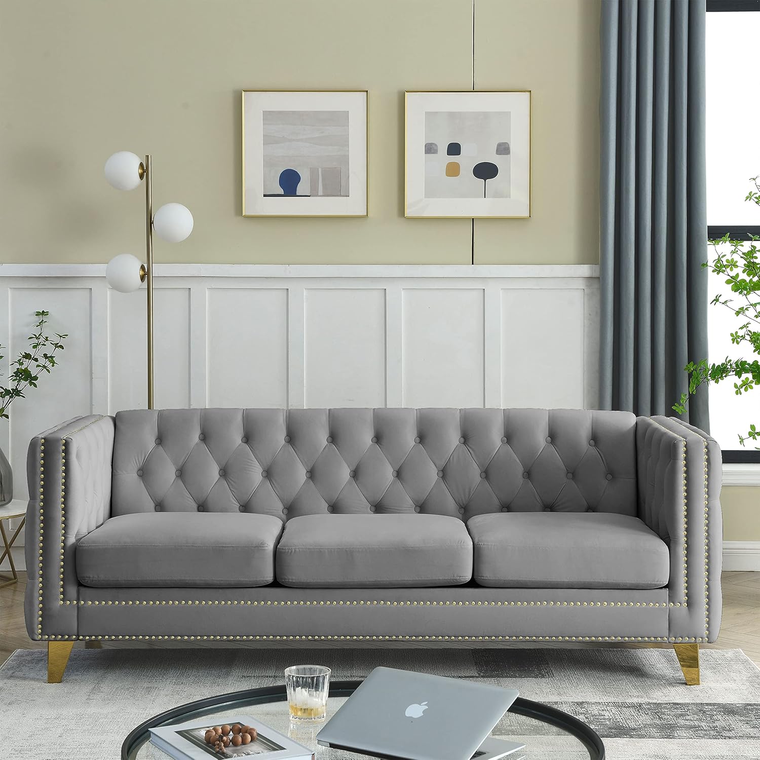 Sofá moderno de 3 plazas, sofá de terciopelo de 80 pulgadas, con botones cuadrados copetudos, sofá moderno para sala de estar, tapizado con botones