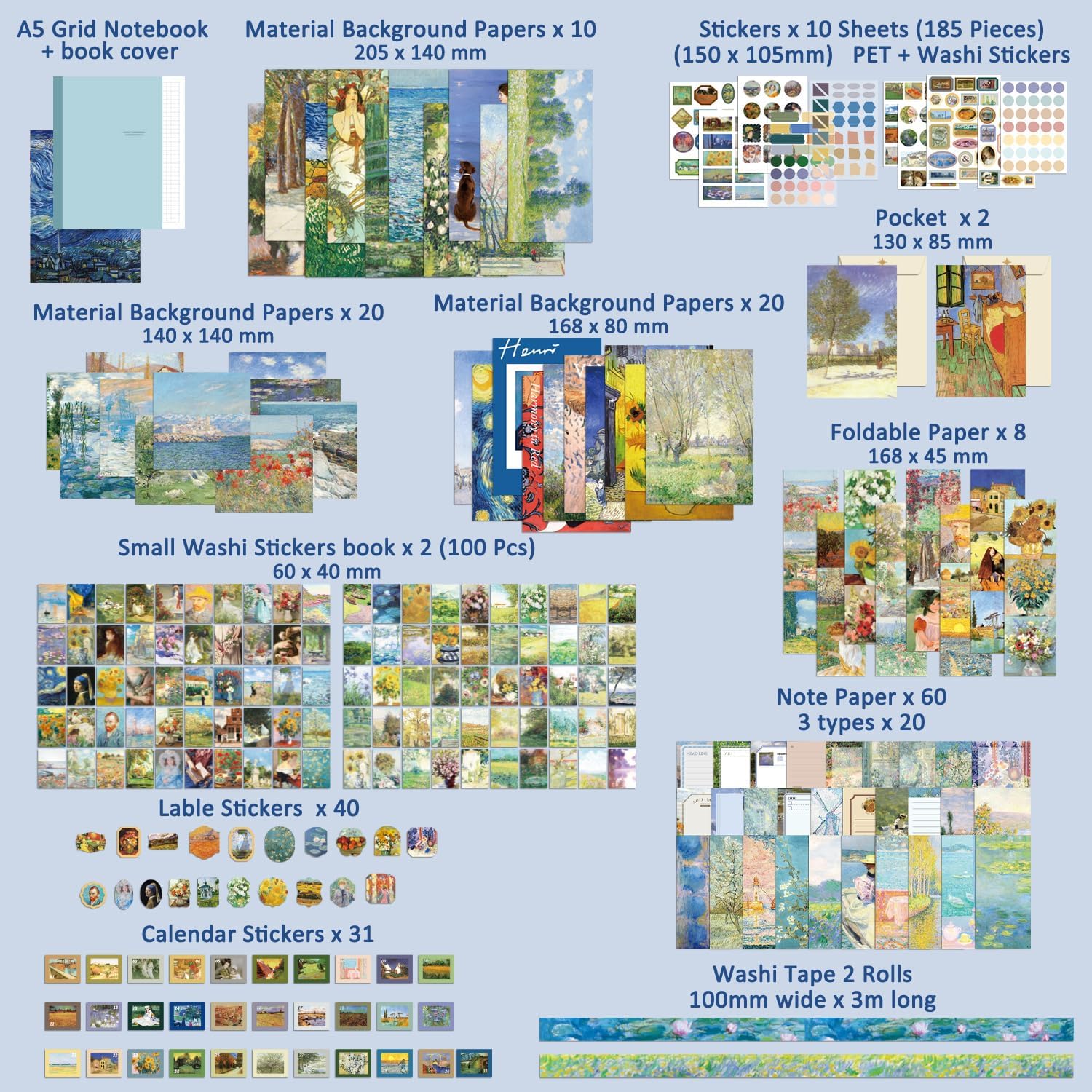 Kit de suministros para álbumes de recortes, 480 piezas, pintura al óleo vintage de Van Gogh, kit de álbum de recortes estético para diario basura