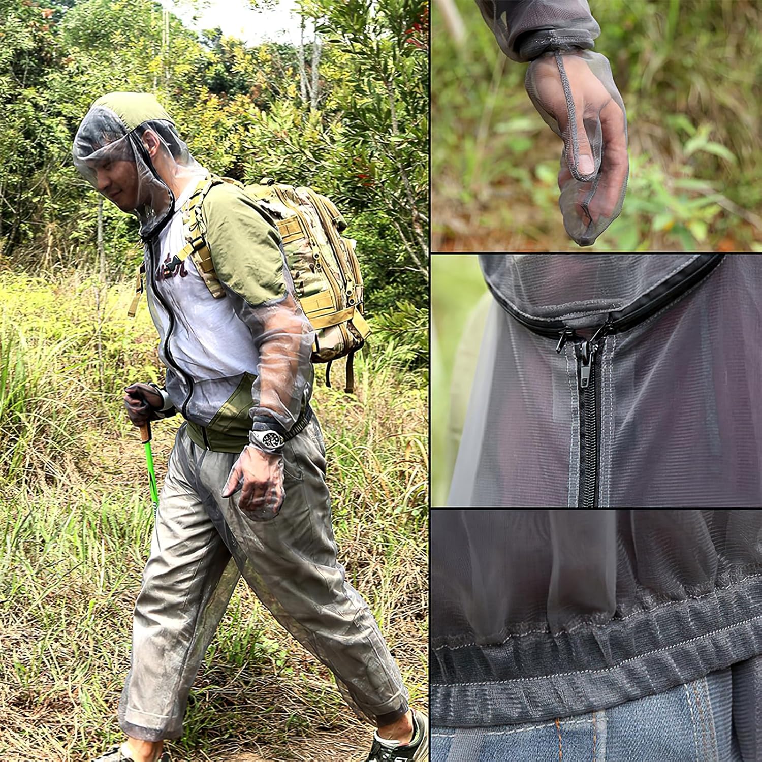 BESPORTBLE Traje de mosquito profesional para exteriores, 1 juego de chaqueta de malla transpirable con capucha y pantalones, protección de red para