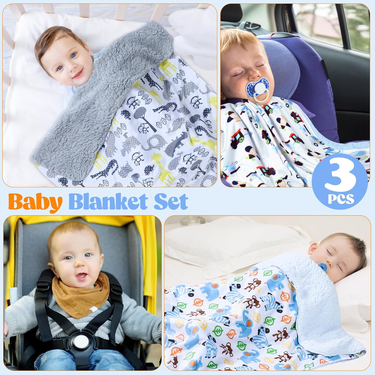 Buryeah 3 mantas de bebé unisex de felpa con parte trasera de sherpa de 30 x 40 pulgadas, manta de visón y sherpa para cuna de bebé, manta suave de