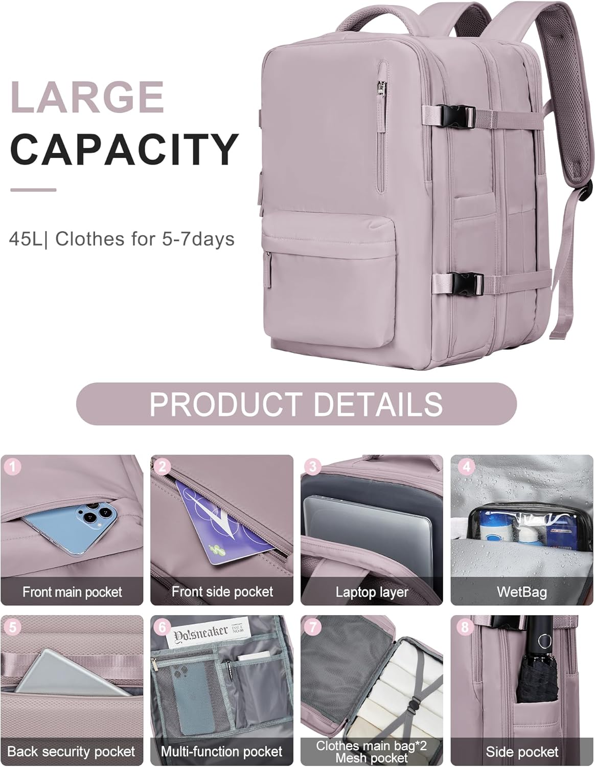 VECAVE Mochila de viaje para laptop, mochila aprobada para vuelos,Mochila deportiva para universidad casual, J-rosa-2