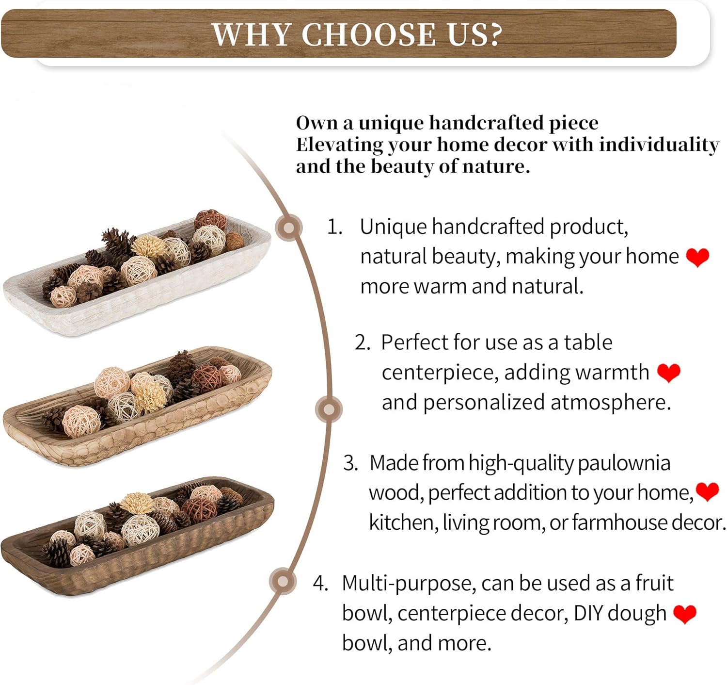 Hanobe Cuenco decorativo de madera para masa centro de mesa grande de madera de 22 pulgadas de largo, bandeja rústica de granja, decoración rústica