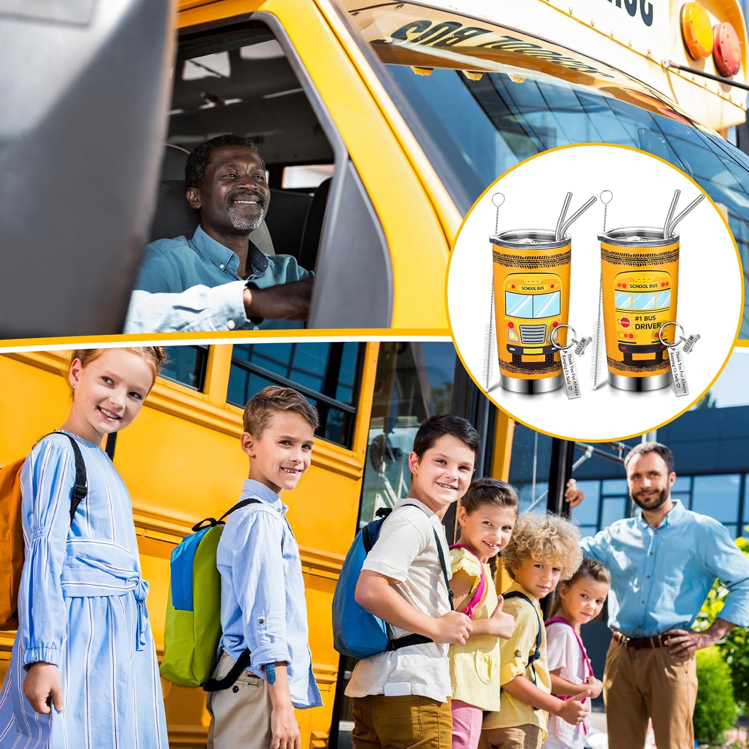 Uiifan Paquete de 6 regalos de agradecimiento al conductor de autobús, juego de 3 vasos de acero inoxidable de 20 onzas, 3 llaveros para conductor