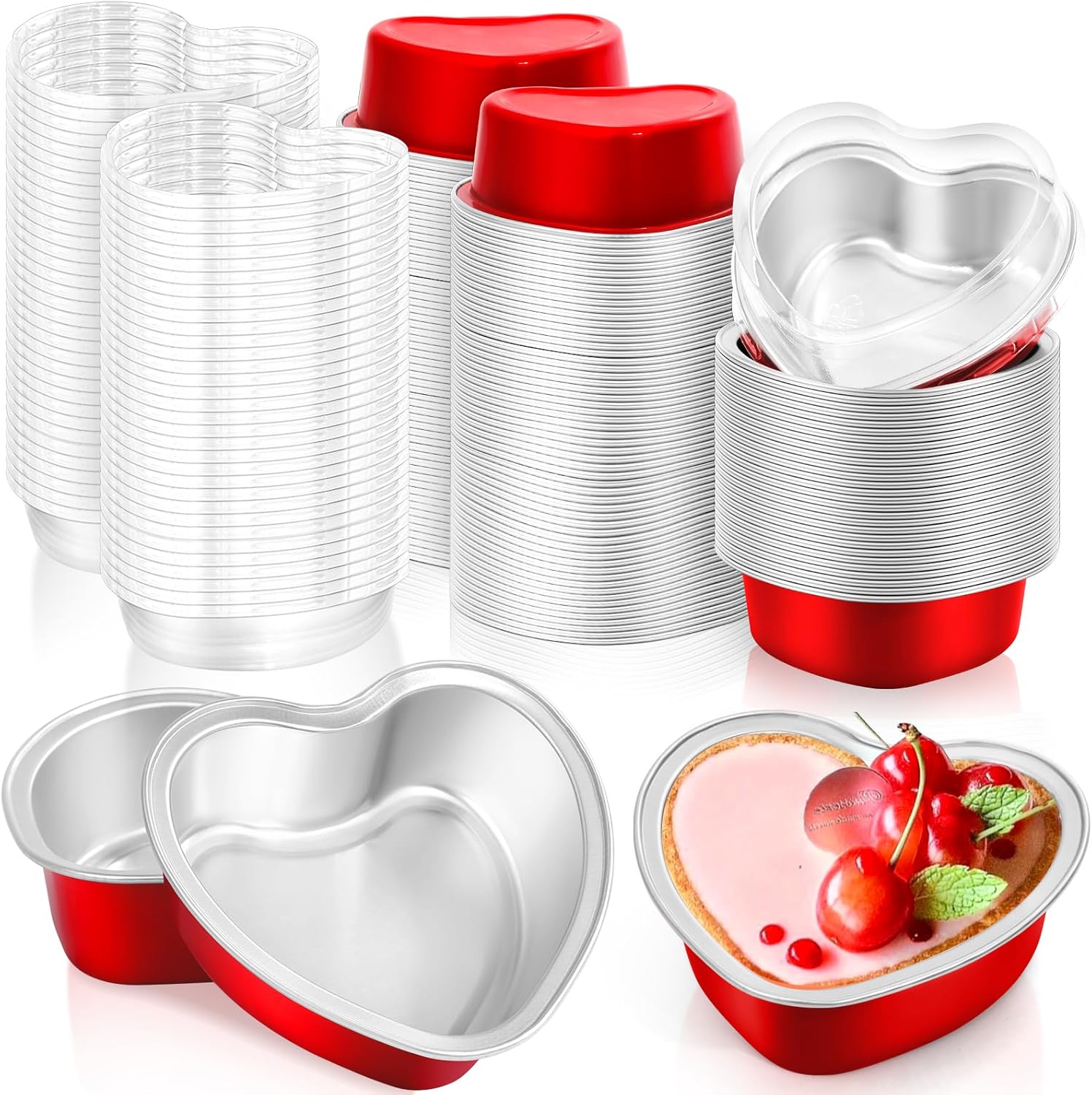 Modacraft Paquete de 120 moldes para pasteles en forma de corazón con tapas, papel de aluminio desechable de 3.4 onzas, moldes para magdalenas,