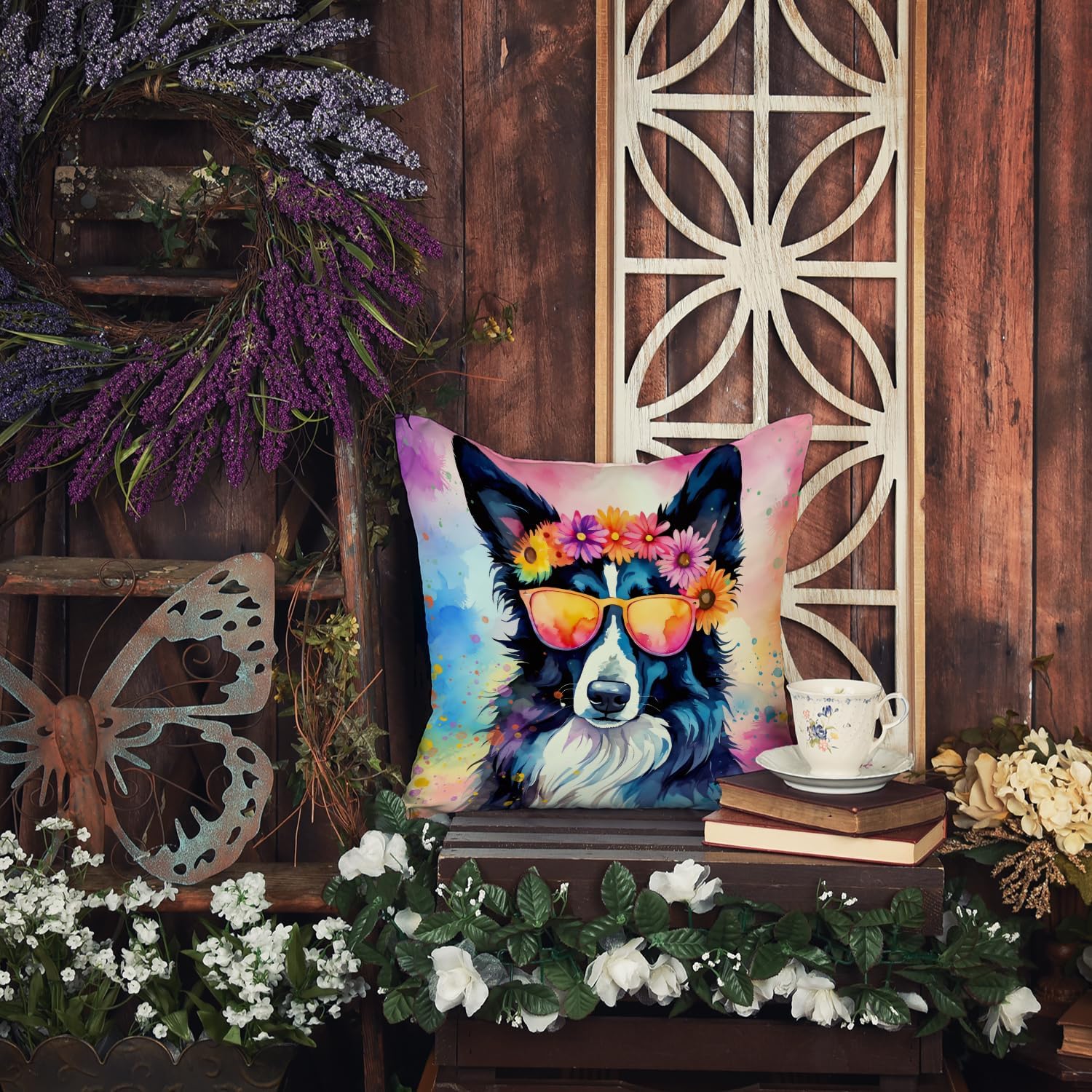 Caroline’s Treasures DAC2466PW1414 Border Collie Hippie Dawg – Almohada decorativa de tela, lavable a máquina, almohada decorativa para interiores y