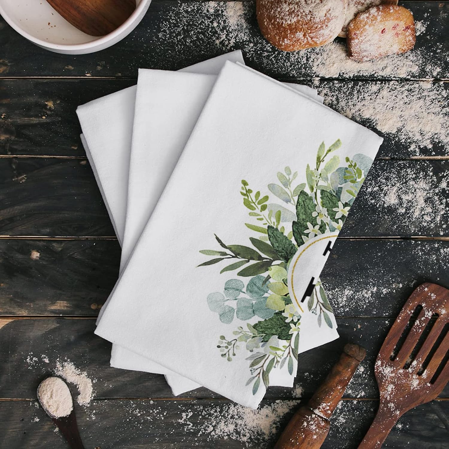Juego de 1 juego de toallas de cocina y paños de cocina, monograma de letra V, acuarela, eucalipto, primavera, verano, rural, de 18 x 28 pulgadas,