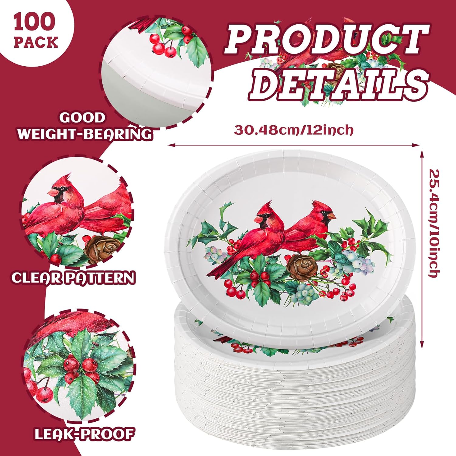 50 platos de papel ovalados de cardenal de Navidad de 10 x 12 pulgadas, platos de papel desechables de bayas de acebo, platos decorativos para cena,