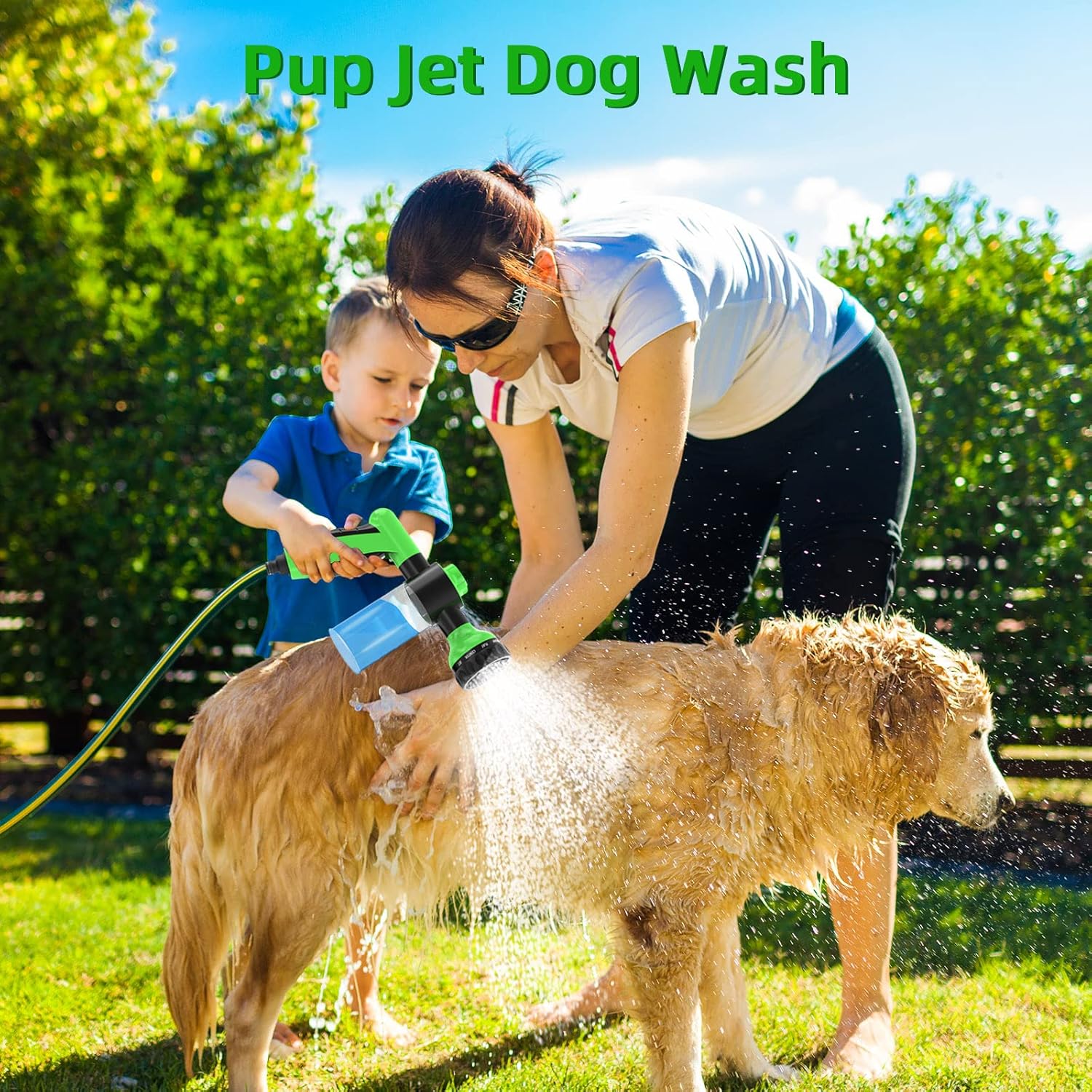 Pup Jet Dog Wash, juego de 8 herramientas de baño para mascotas, incluye boquilla de manguera, rociador de espuma, guante de aseo para mascotas y