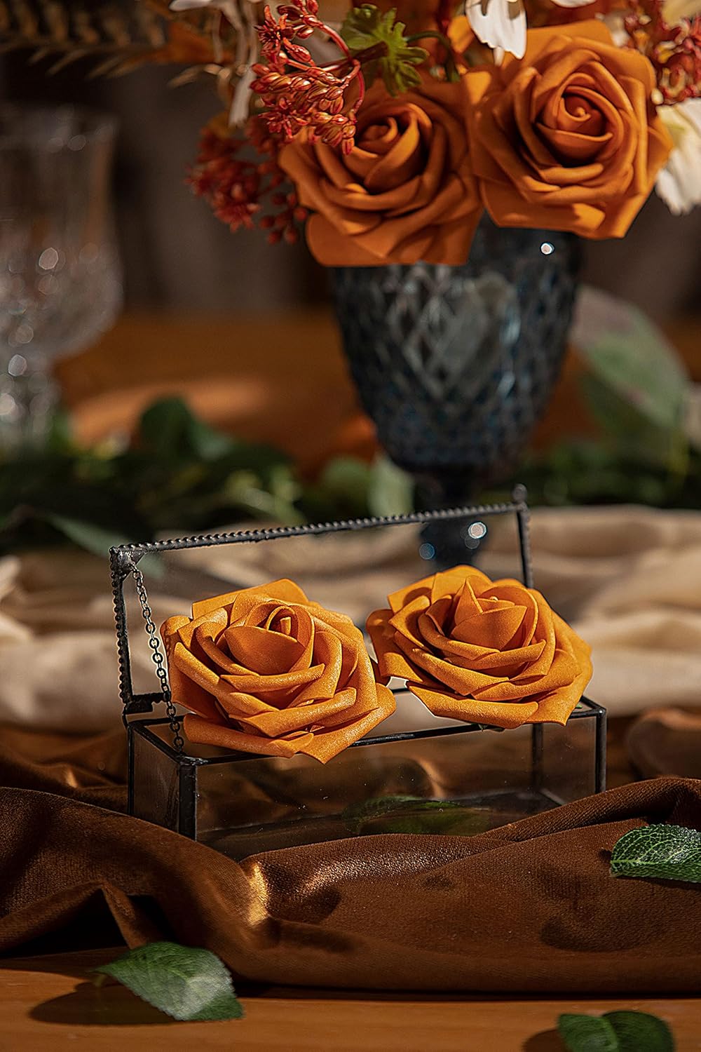 TINGE TIME Flores de naranja quemado, flores falsas para decoración de rosas con tallo, 25 flores artificiales de rosas para ramos de boda, centros