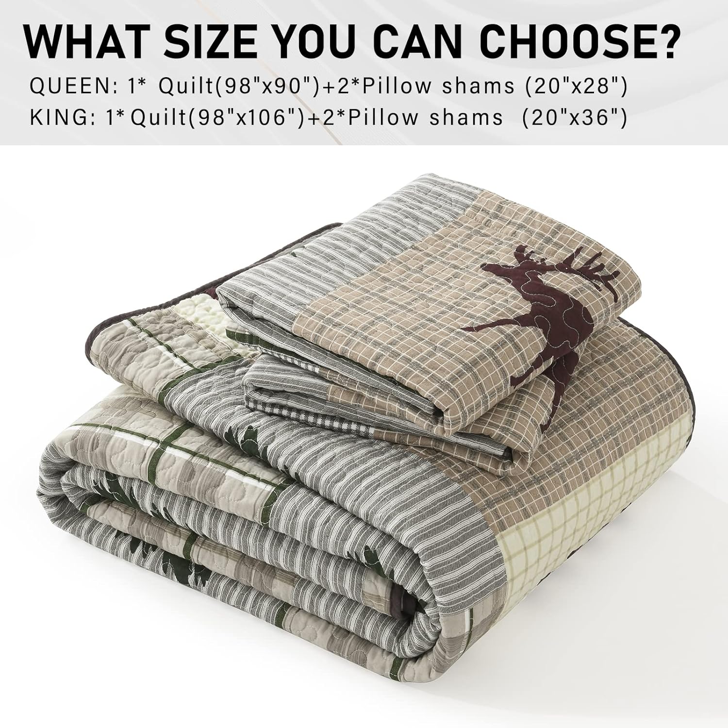 PERHOM Juego de edredón tamaño Queen  Juego de ropa de cama reversible de 100% algodón, diseño de mosaico, oso marrón, ciervo, retazos, con 2 fundas