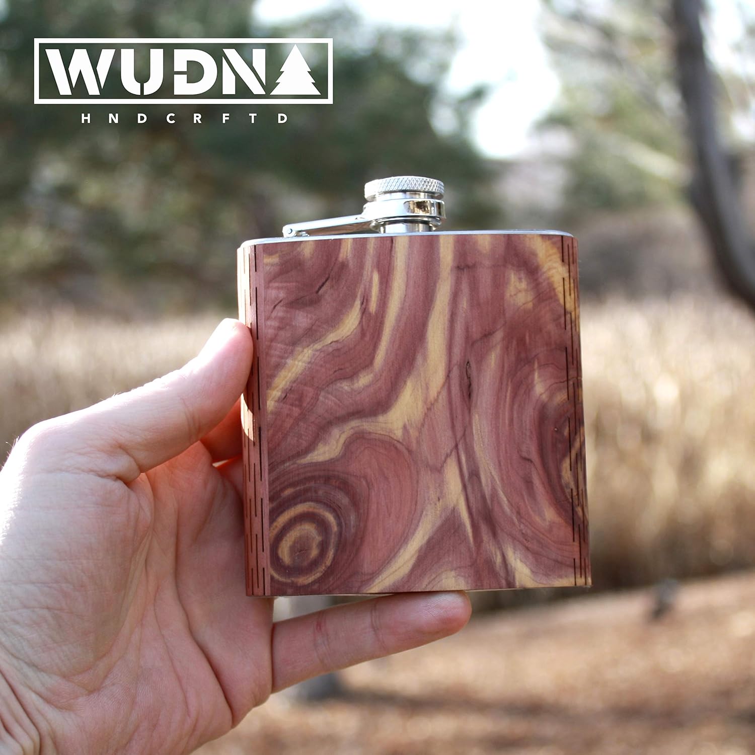 WUDN Frasco de madera de 6 oz. – Cuerpo de acero inoxidable, cedro aromático real