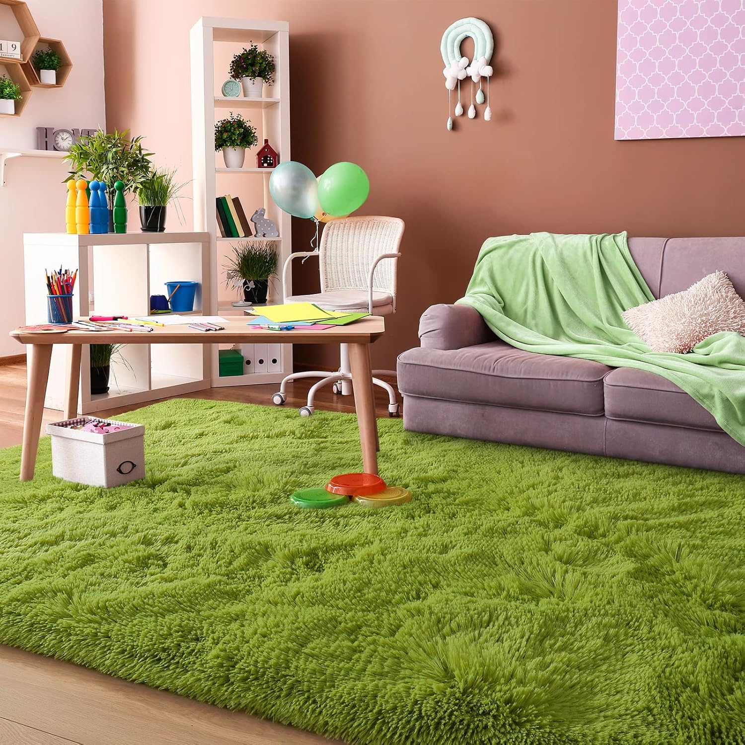 Alfombras peludas súper suaves para sala de estar y dormitorio, alfombras de peluche mullidas, antideslizantes, para interiores, 5 x 8 pies, color