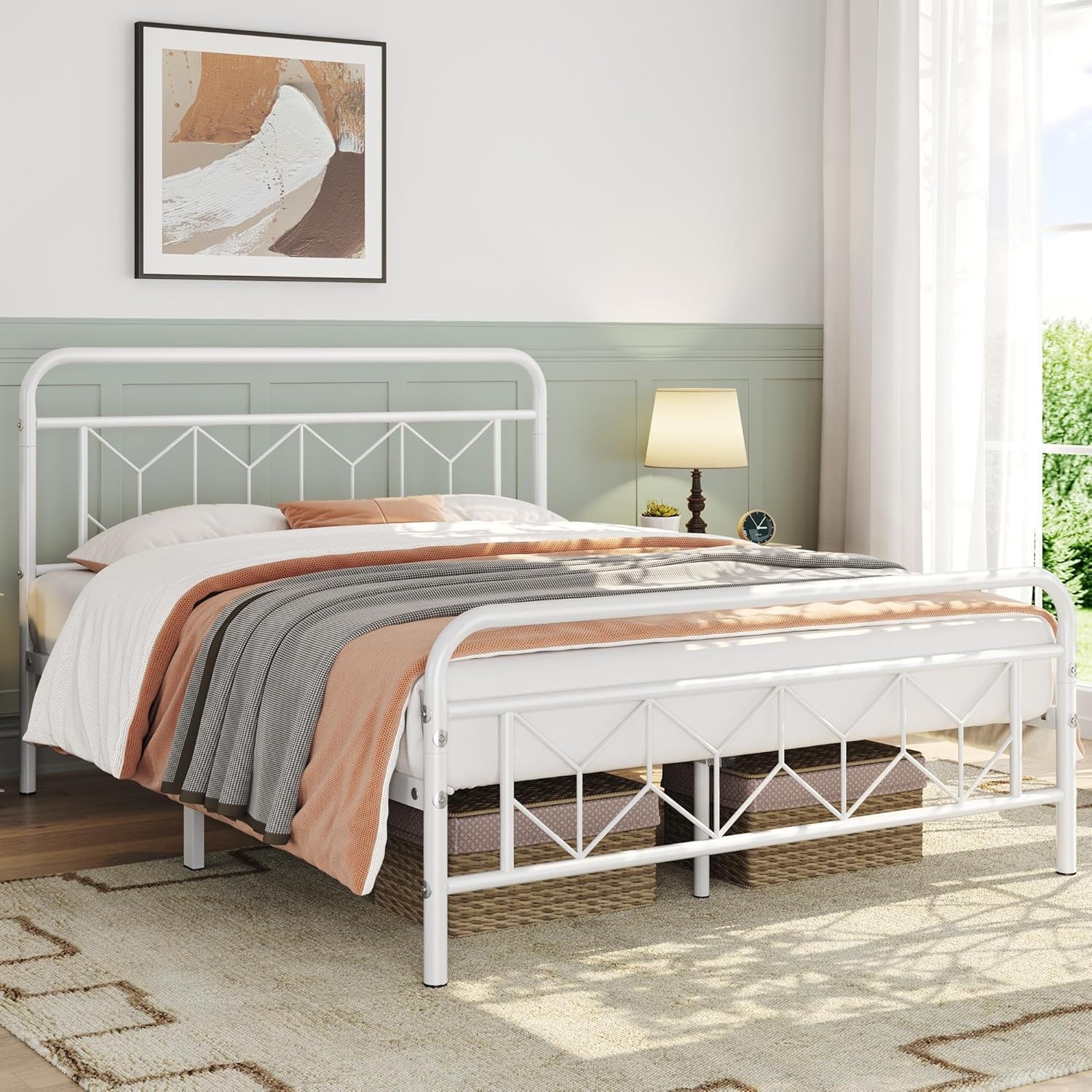 Topeakmart Base de cama Queen con base de cama de metal con cabecera de estilo vintage, base de colchón, no necesita somier, almacenamiento debajo