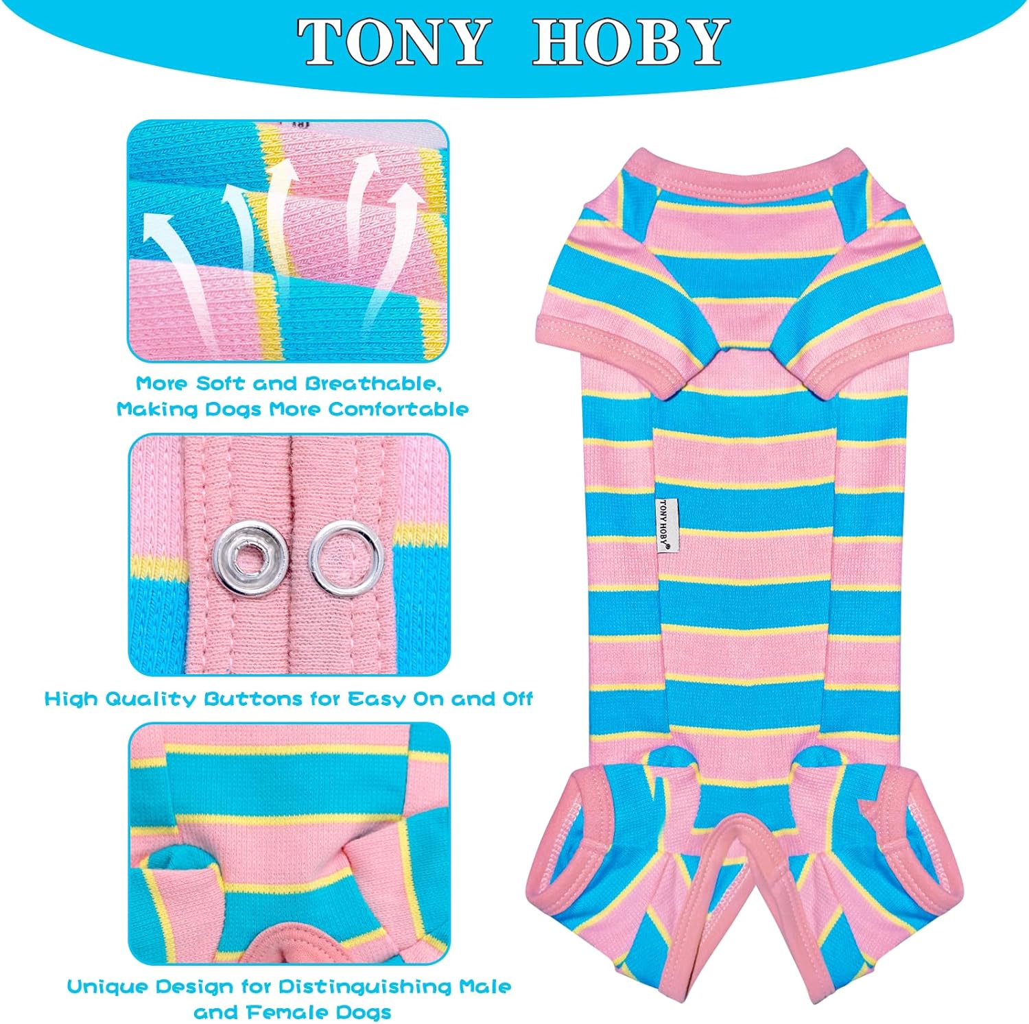 TONY HOBY Pijama para perro hembra, camisa para perro con rayas coloridas, ropa para mascotas para perros pequeños y medianos (rosa y azul, niña, L)