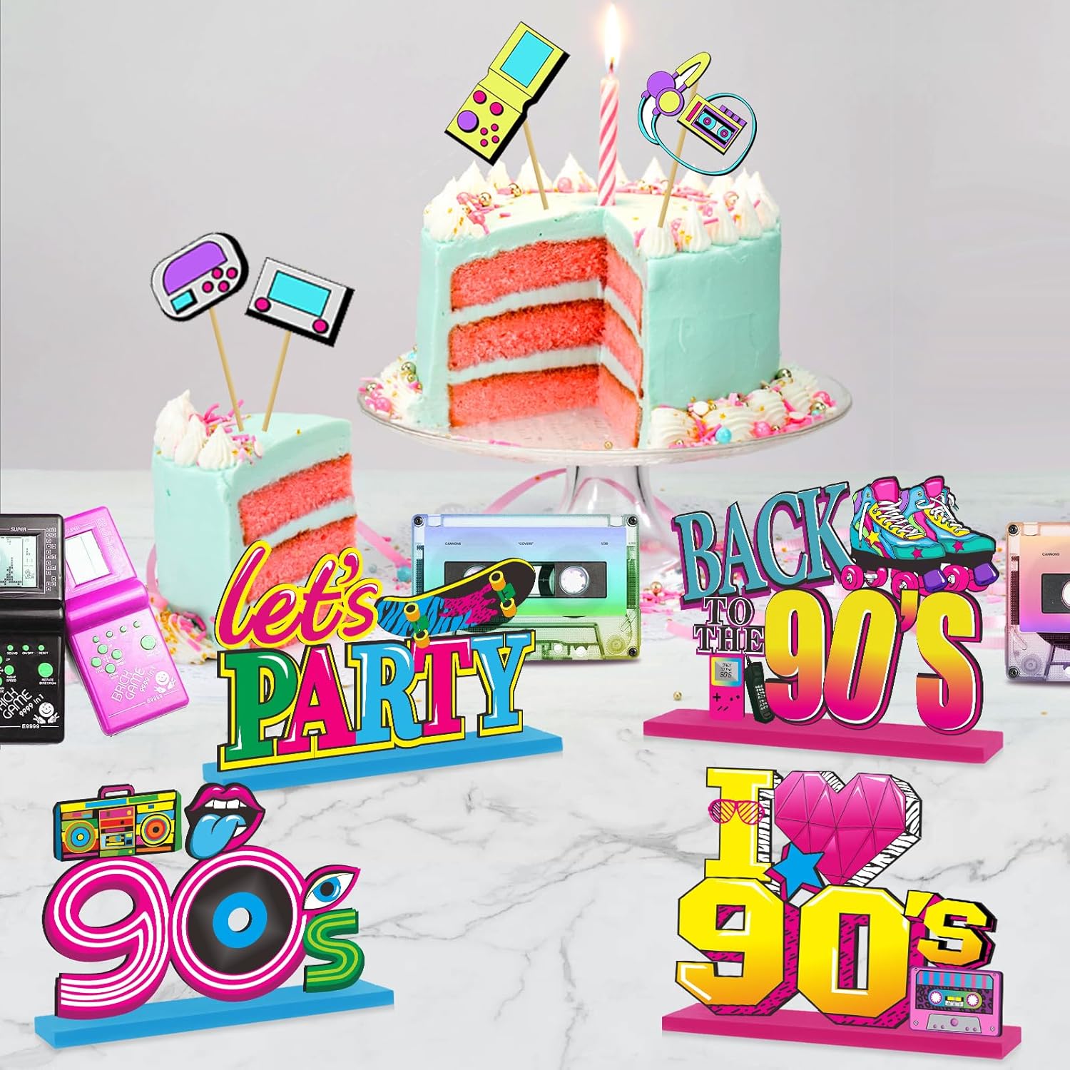 Eiurteao 4 piezas de decoración de fiesta de los 90, letrero de mesa de madera, tema retro de los años 90, centros de mesa de mesa de los 90,